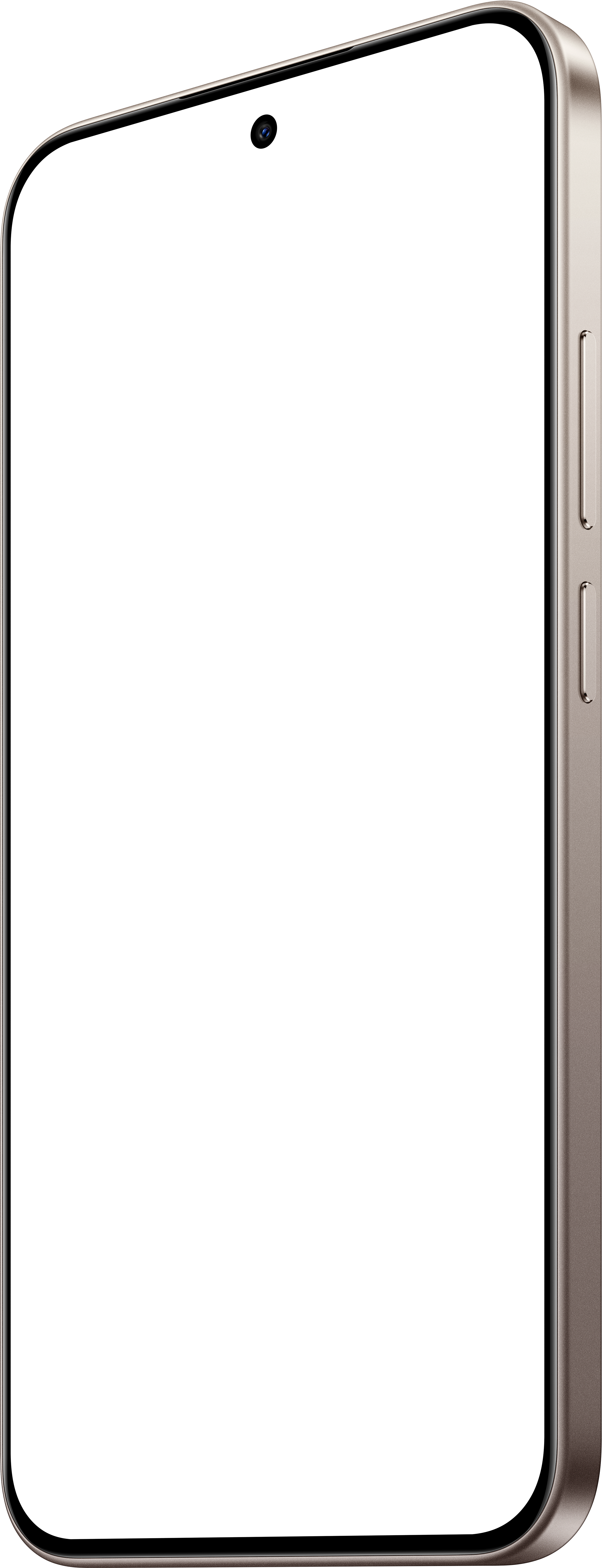 Ein Smartphone mit schwarzem Bildschirm, Kamera und Lautstärketasten in hellgrauem Rahmen.