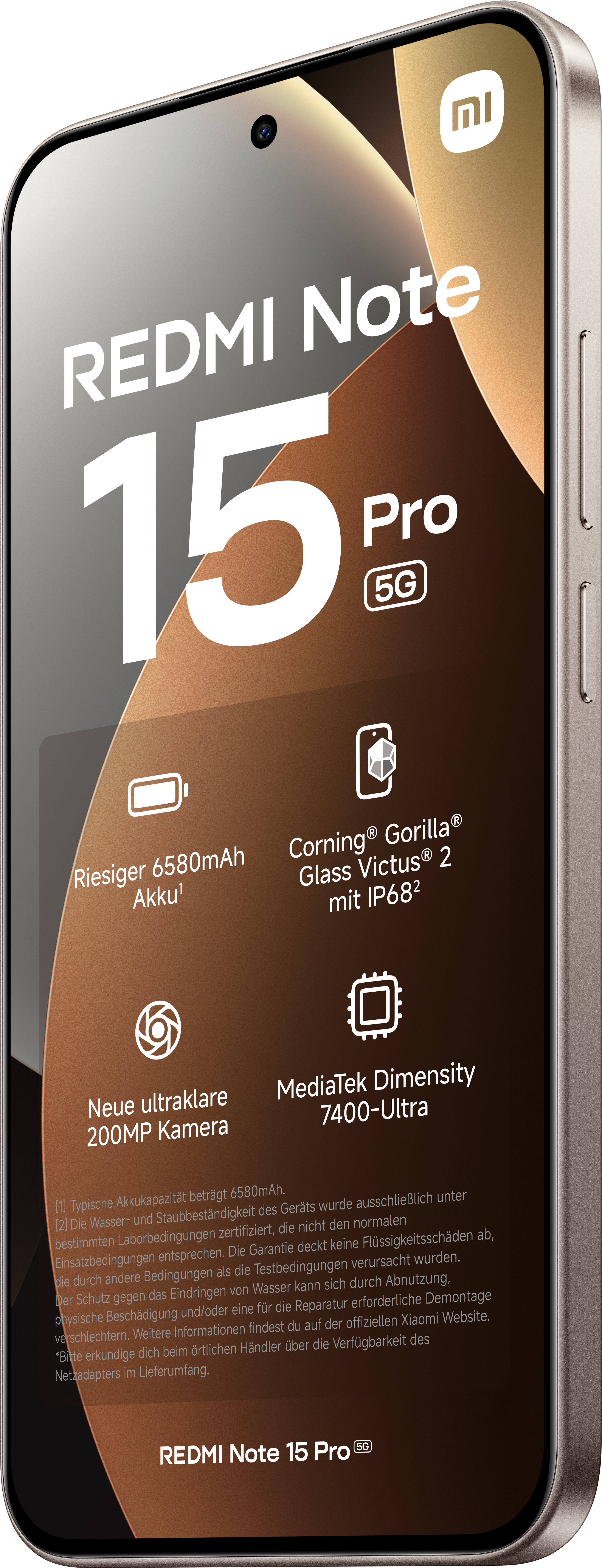 Das Redmi Note 15 Pro 5G-Telefon wird angezeigt. Zu den Merkmalen gehören ein großer Akku, Corning Gorilla Glass und eine 200MP Kamera.