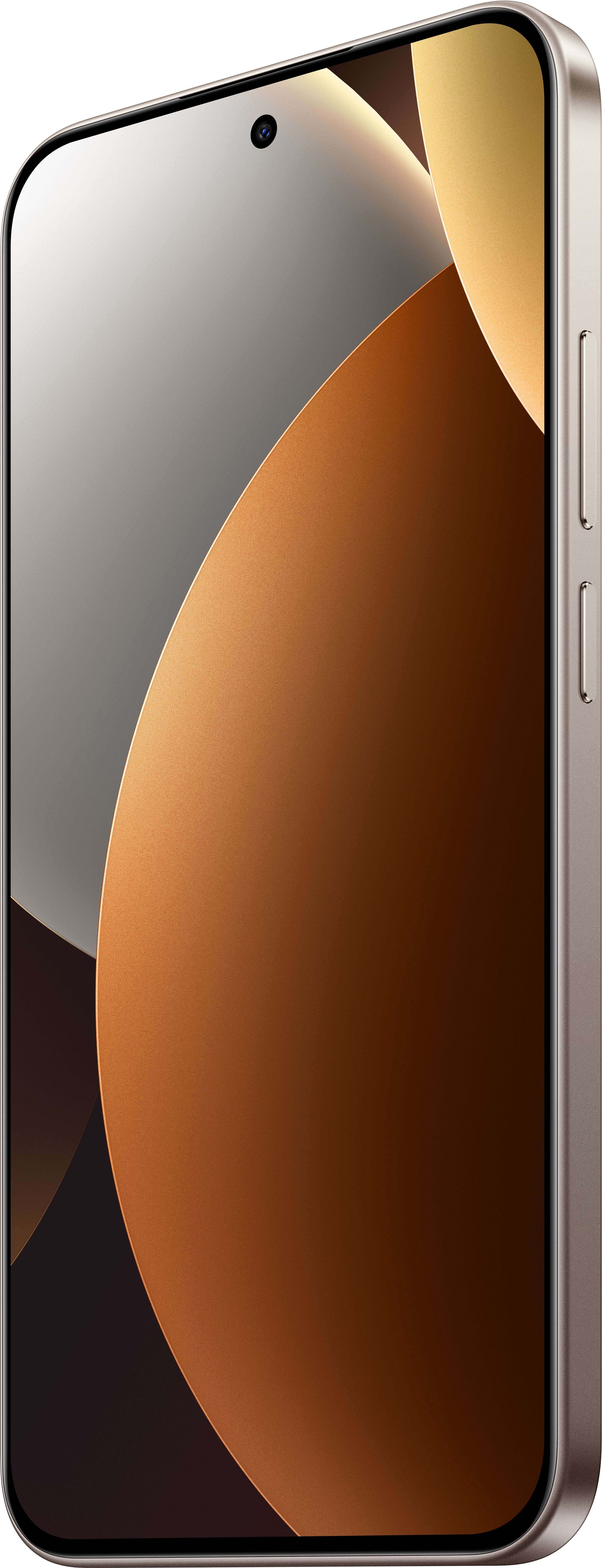 Ein Smartphone mit gewölbtem Bildschirm. Es hat eine bronzefarbene Rückseite und einen silbernen Rahmen. Oben ist eine Kamera sichtbar.