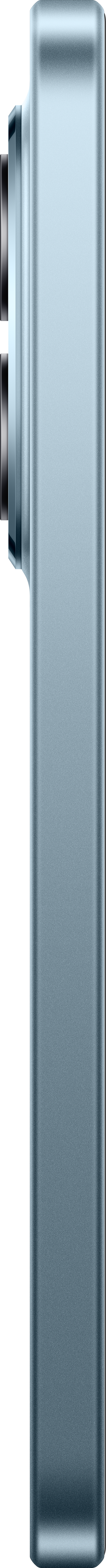 Nahaufnahme eines hellblauen rechteckigen Geräts mit Linse auf der linken Seite, vor schwarzem Hintergrund.