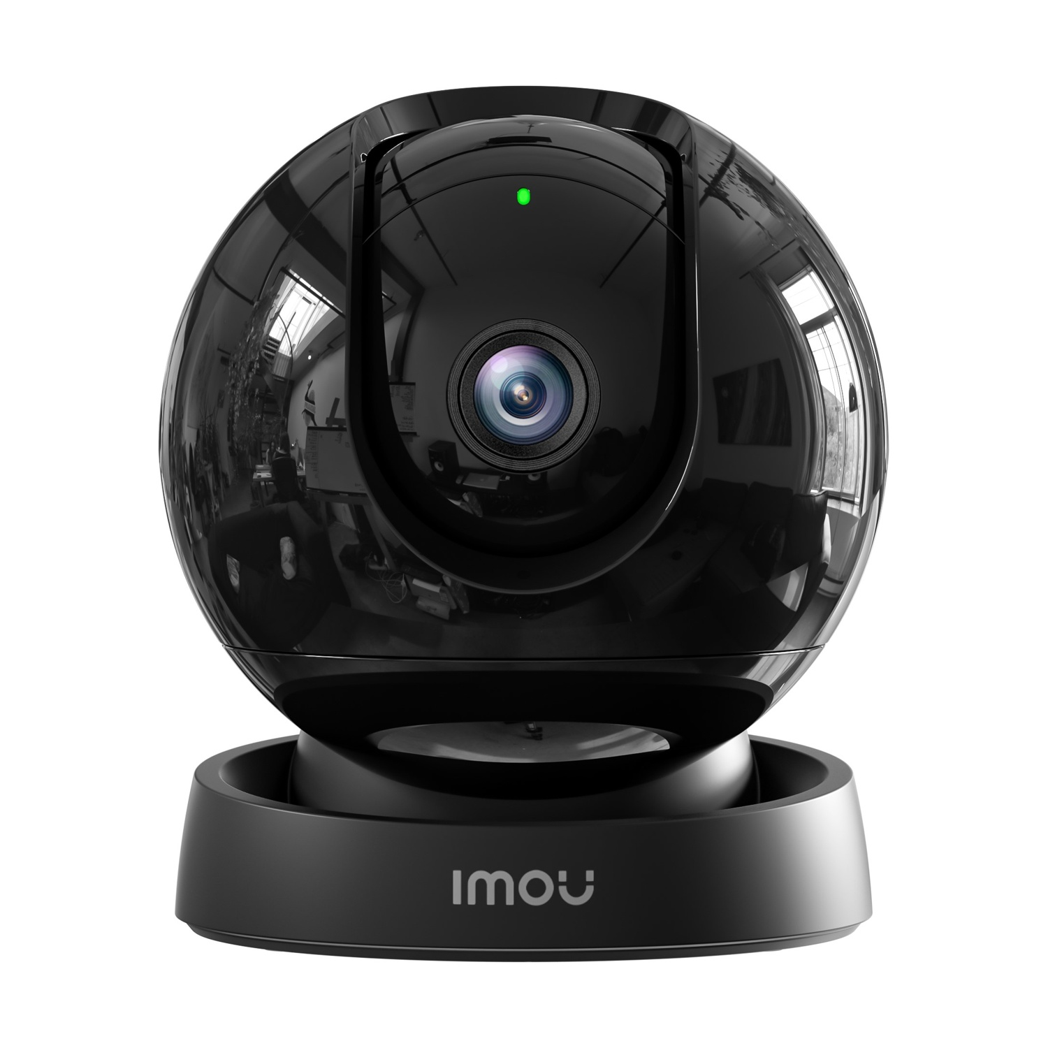 Una telecamera di sicurezza IMOU nera con finitura lucida. Poggia su una base rotonda. L'obiettivo della fotocamera è visibile. Una luce verde è accesa.