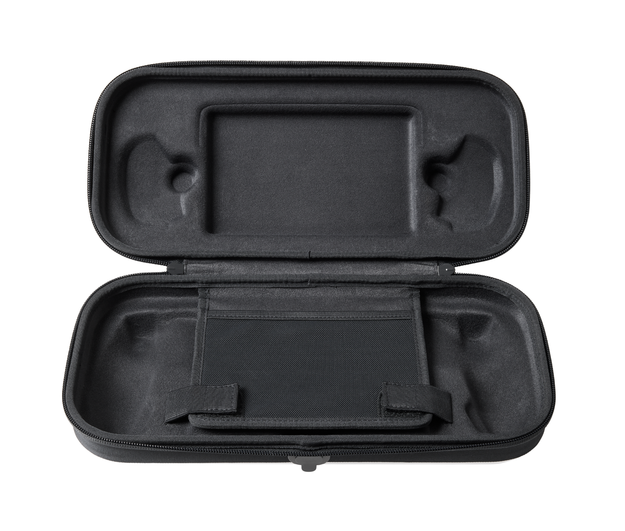 Offener schwarzer Koffer mit Reißverschluss. Innen befindet sich ein geformtes Fach und ein Gurt.