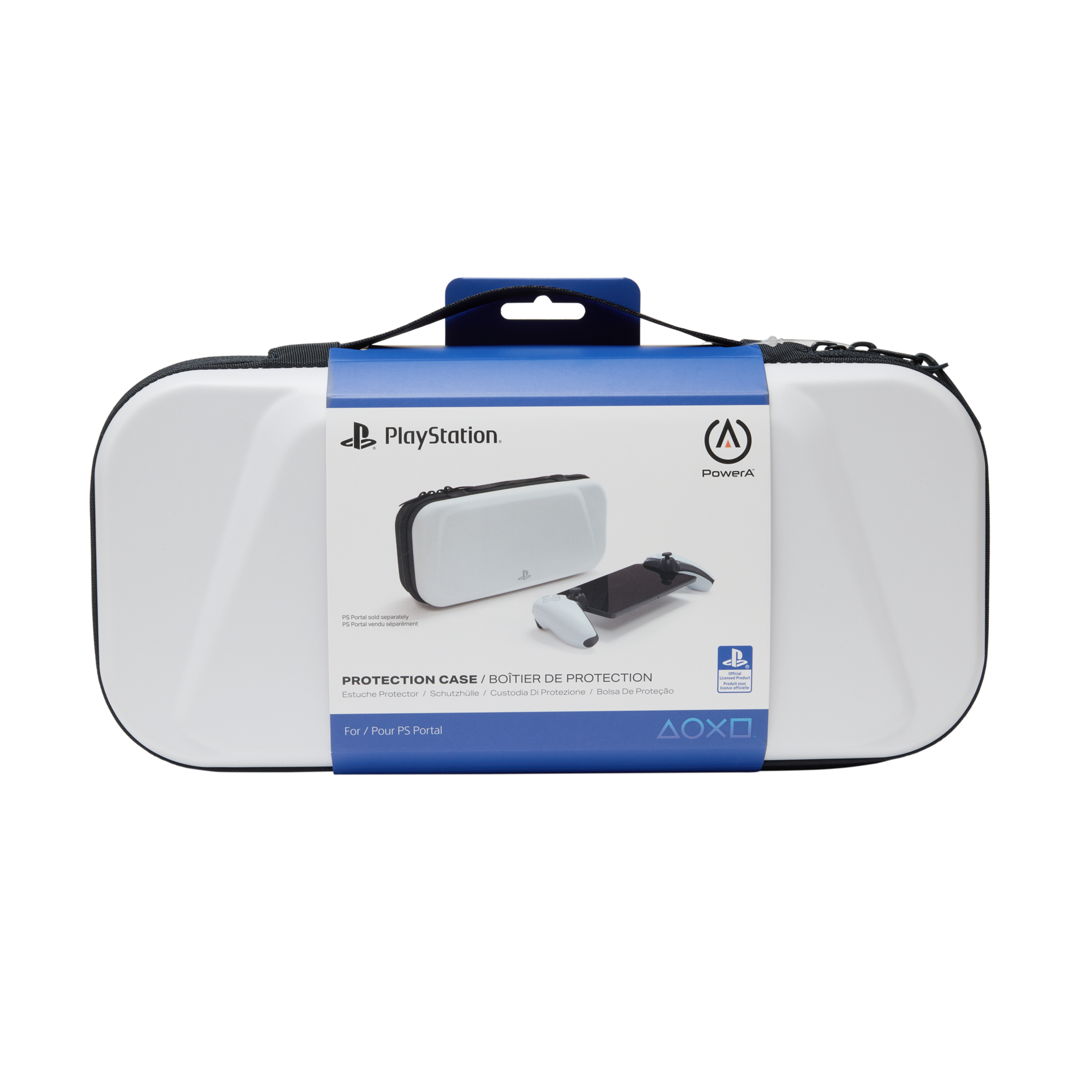 Eine weiße Playstation-Hülle. Die Hülle hat einen schwarzen Griff und ein blaues Band mit Text. Enthält ein Konsolenbild.