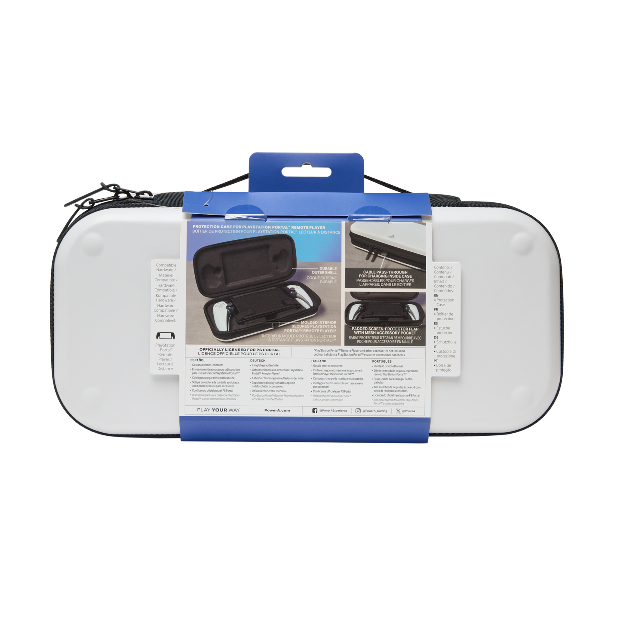 Weiß-schwarzes Etui für PlayStation Portal mit blauem Griff. Text beschreibt Funktionen und Lizenz.