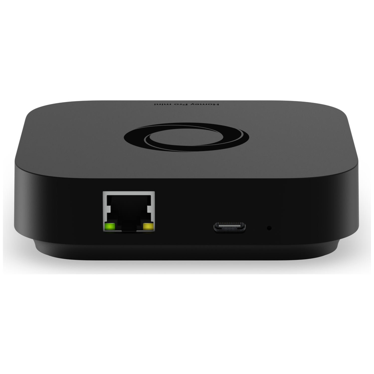 A black Homey Pro Mini device. It has a circle logo on top, Ethernet port, USB-C port, and a small button.