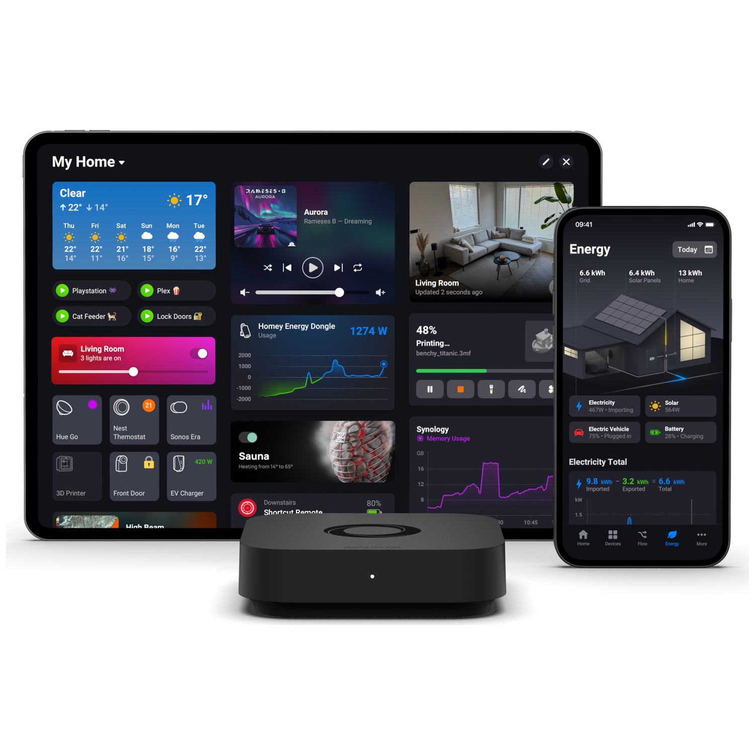 Tablet, phone, and a black device display a smart home interface with energy and device statuses.