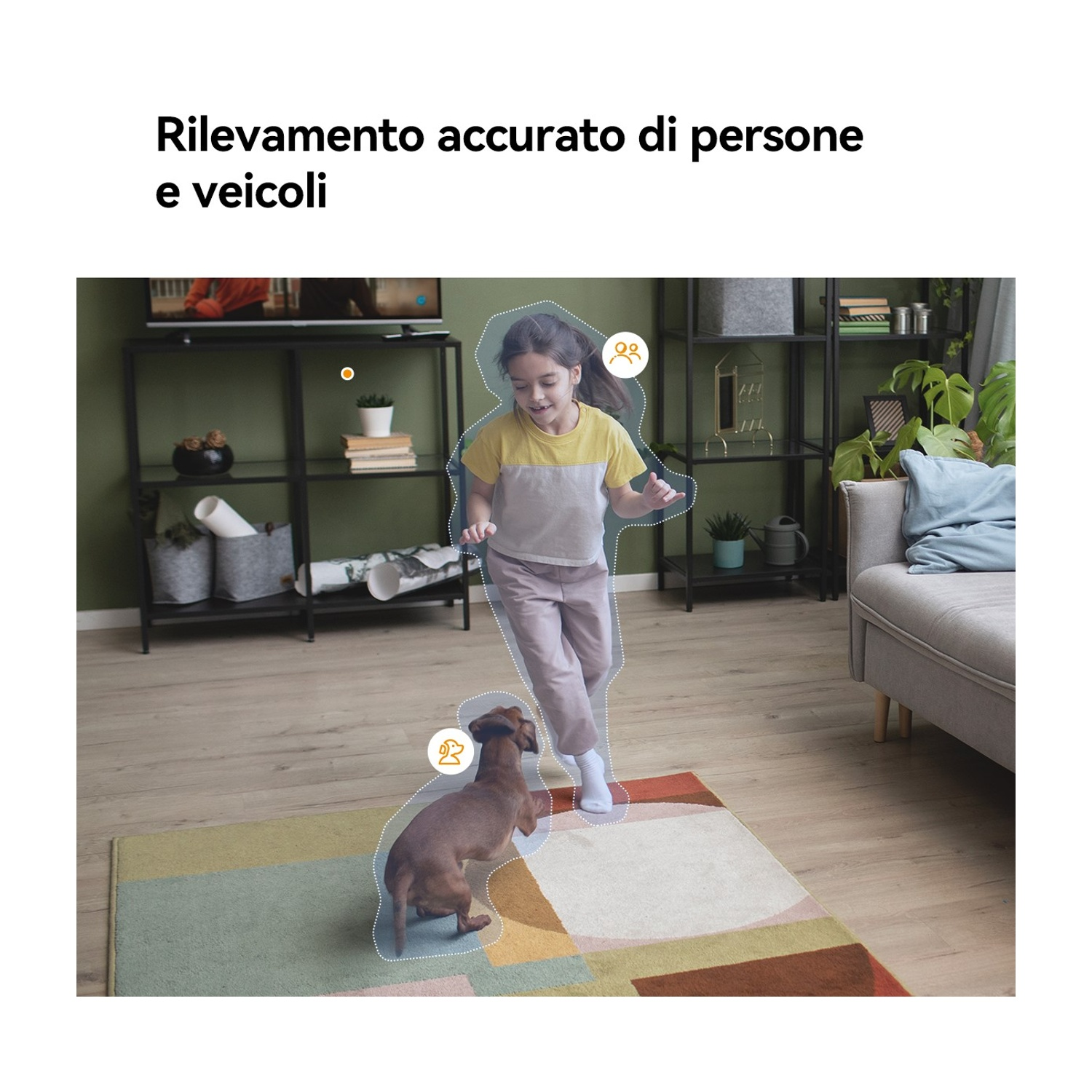 Una ragazza e un cane sono evidenziati su un tappeto. La ragazza indossa una maglietta gialla e pantaloni rosa. Il cane è marrone.