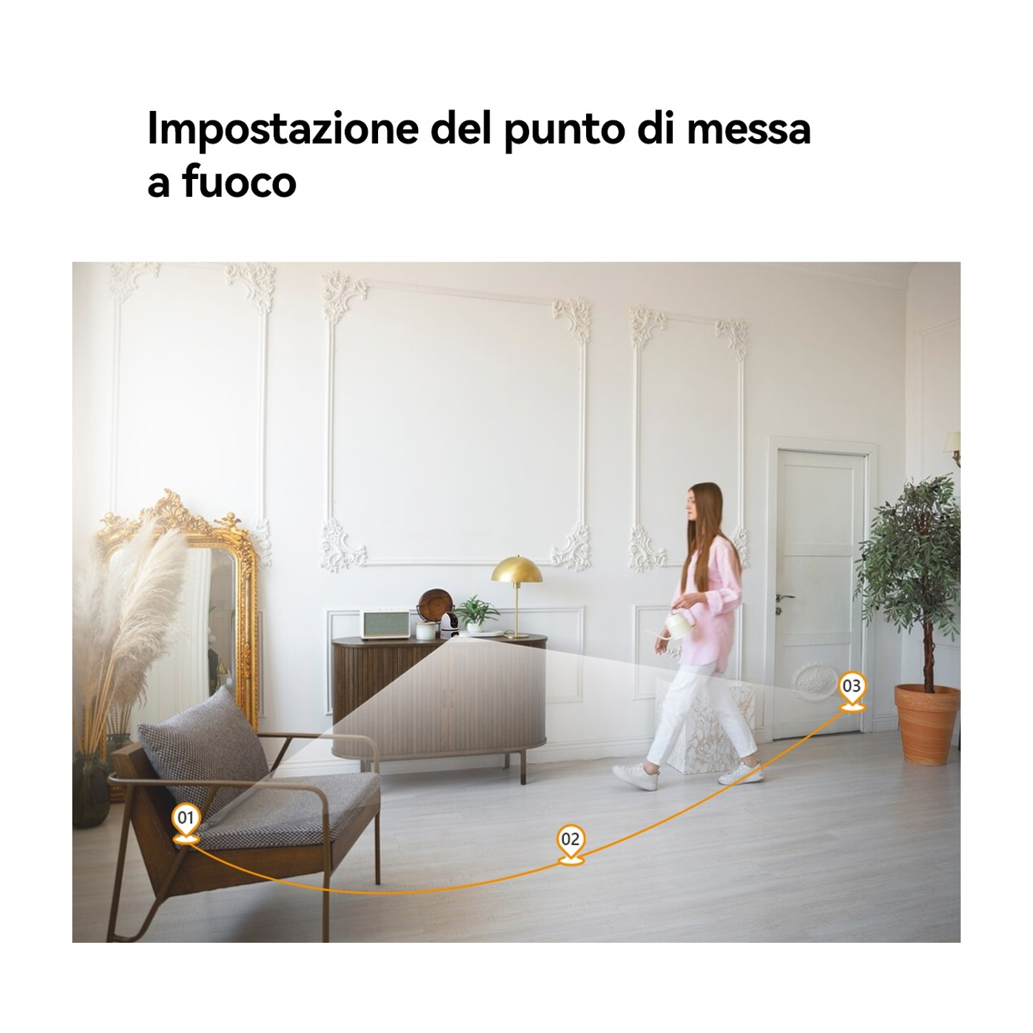Una donna cammina in una stanza con specchio dorato, sedia, mobile e pianta. Una linea arancione evidenzia i punti.