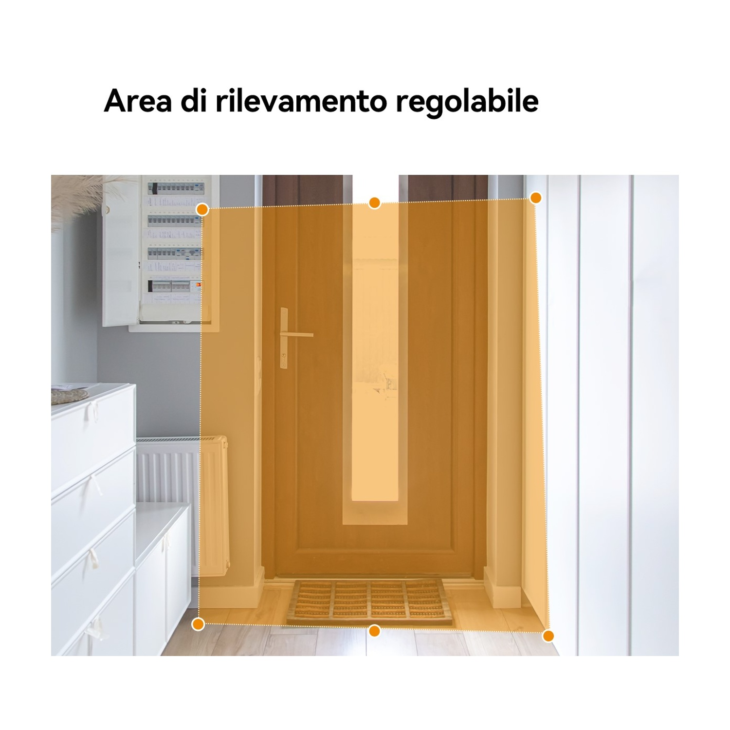 Una porta con un pannello di vetro è al centro. Un rettangolo arancione evidenzia la porta e l'area circostante. Armadi bianchi.