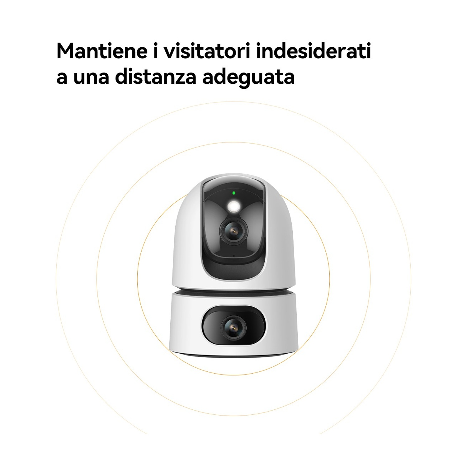 Una telecamera di sicurezza bianca con due obiettivi. Testo in italiano: Tieni i visitatori indesiderati a distanza di sicurezza. Cerchi d'oro ne emanano.