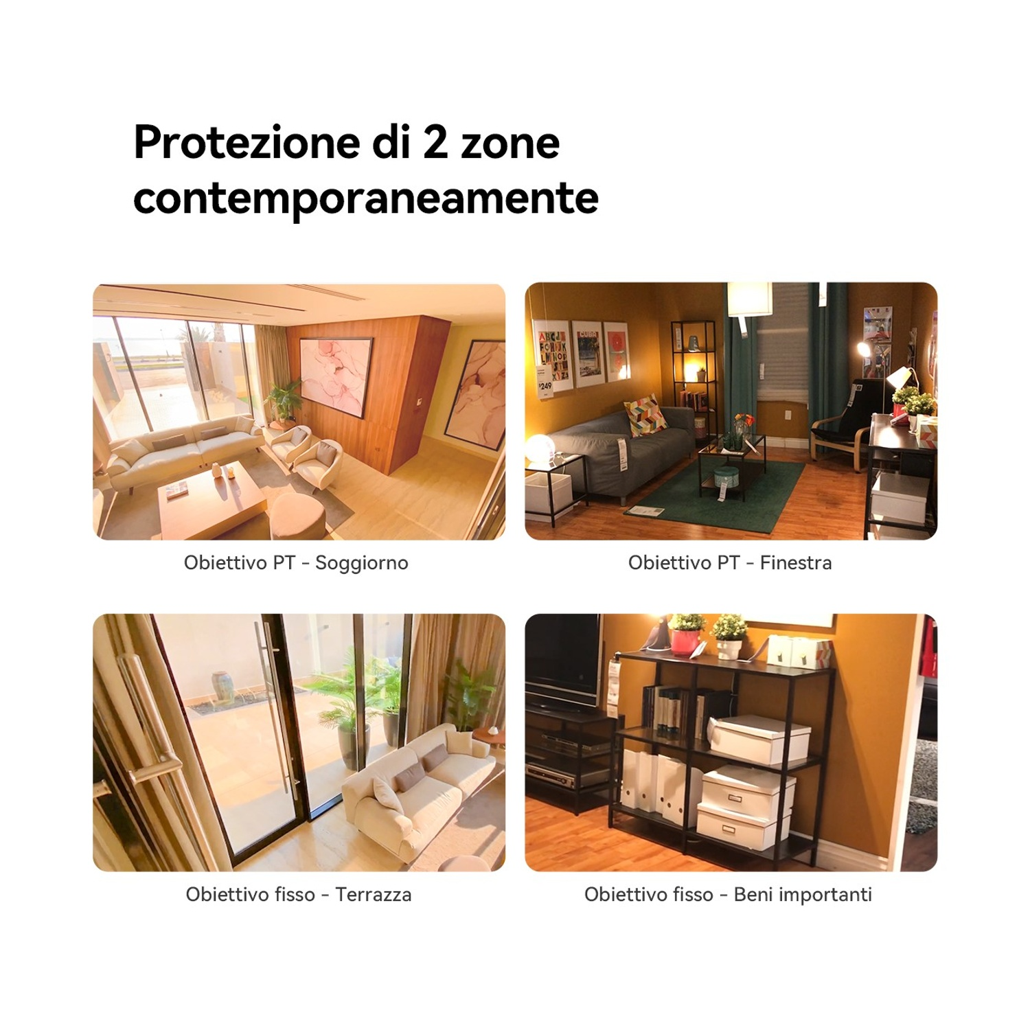 Quattro immagini mostrano viste di sicurezza domestica: soggiorno, finestra, terrazza e beni importanti. Ogni vista è etichettata con testo italiano.
