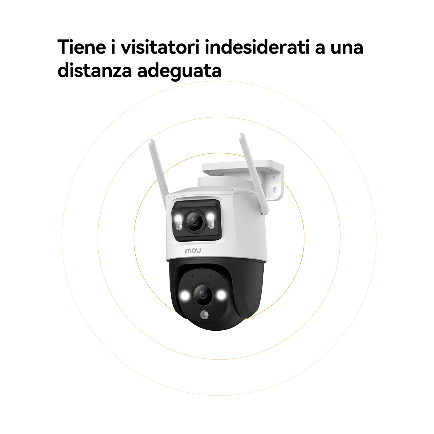 Una telecamera di sicurezza bianca e nera con due antenne, cerchi concentrici e testo in italiano.