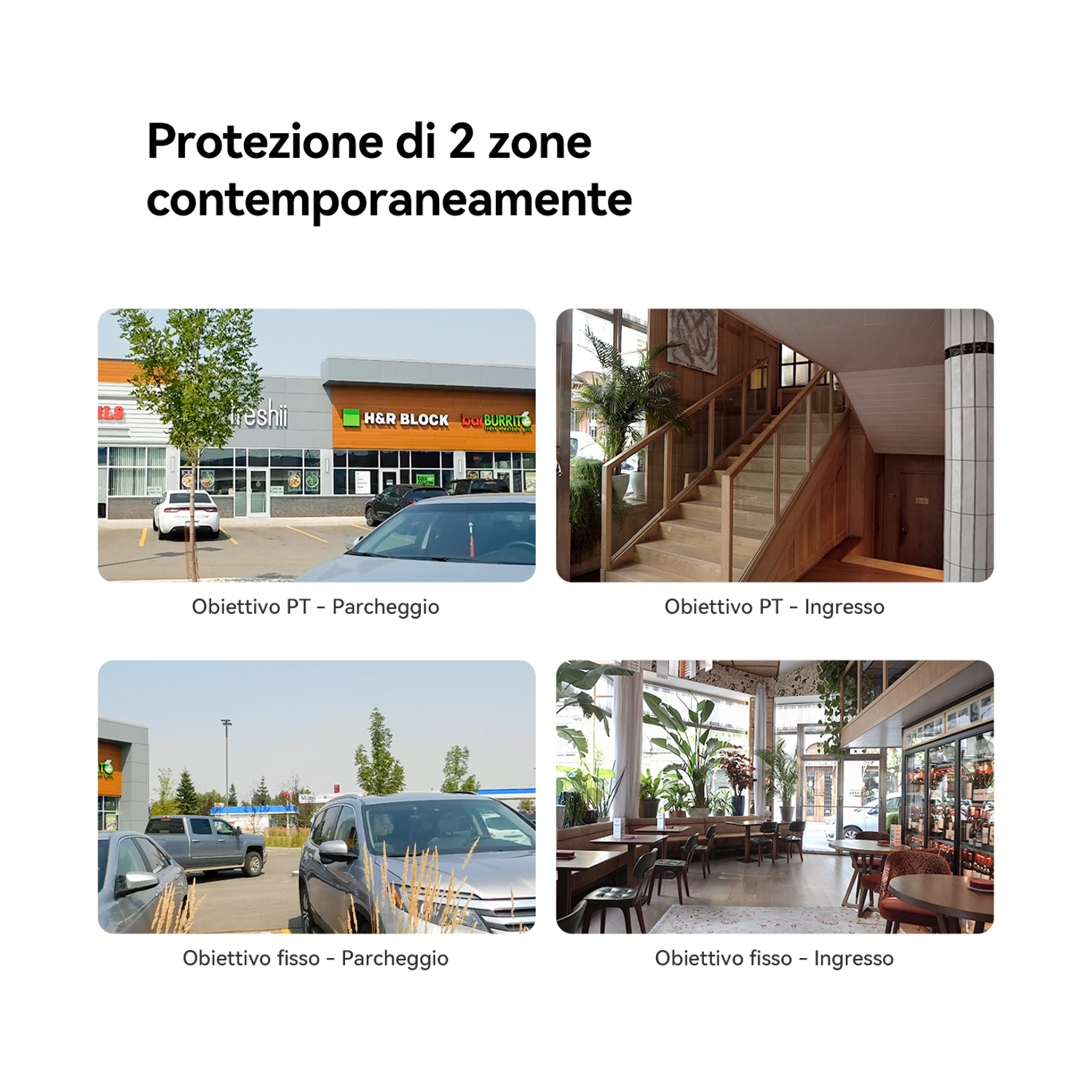 L'immagine mostra quattro scenari: parcheggio, ingresso con scale, parcheggio con auto e interno ristorante con tavoli.