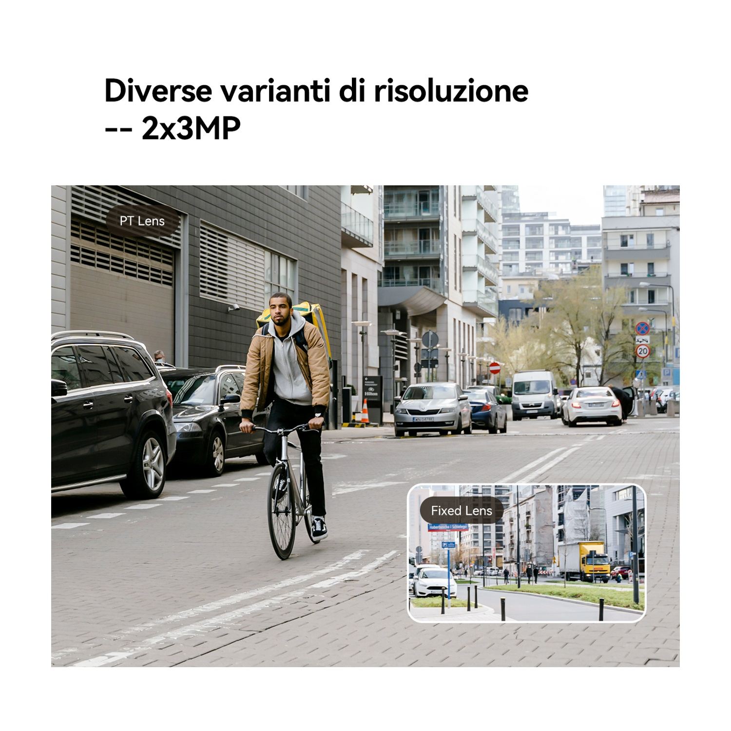 Un ciclista pedala su una strada cittadina con auto ed edifici sullo sfondo. Un inserto più piccolo mostra una vista con obiettivo fisso.