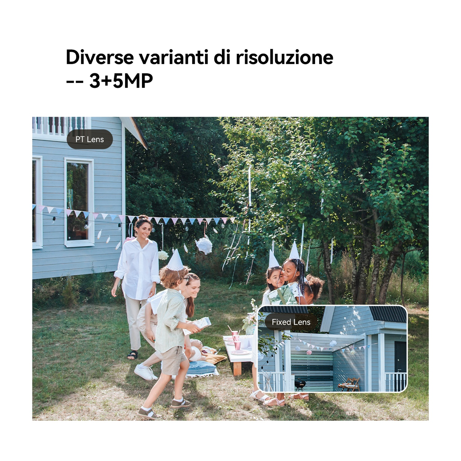 Bambini a una festa in giardino con decorazioni e un tavolo. Una donna e una casa sullo sfondo. Vengono mostrate due opzioni di obiettivo.