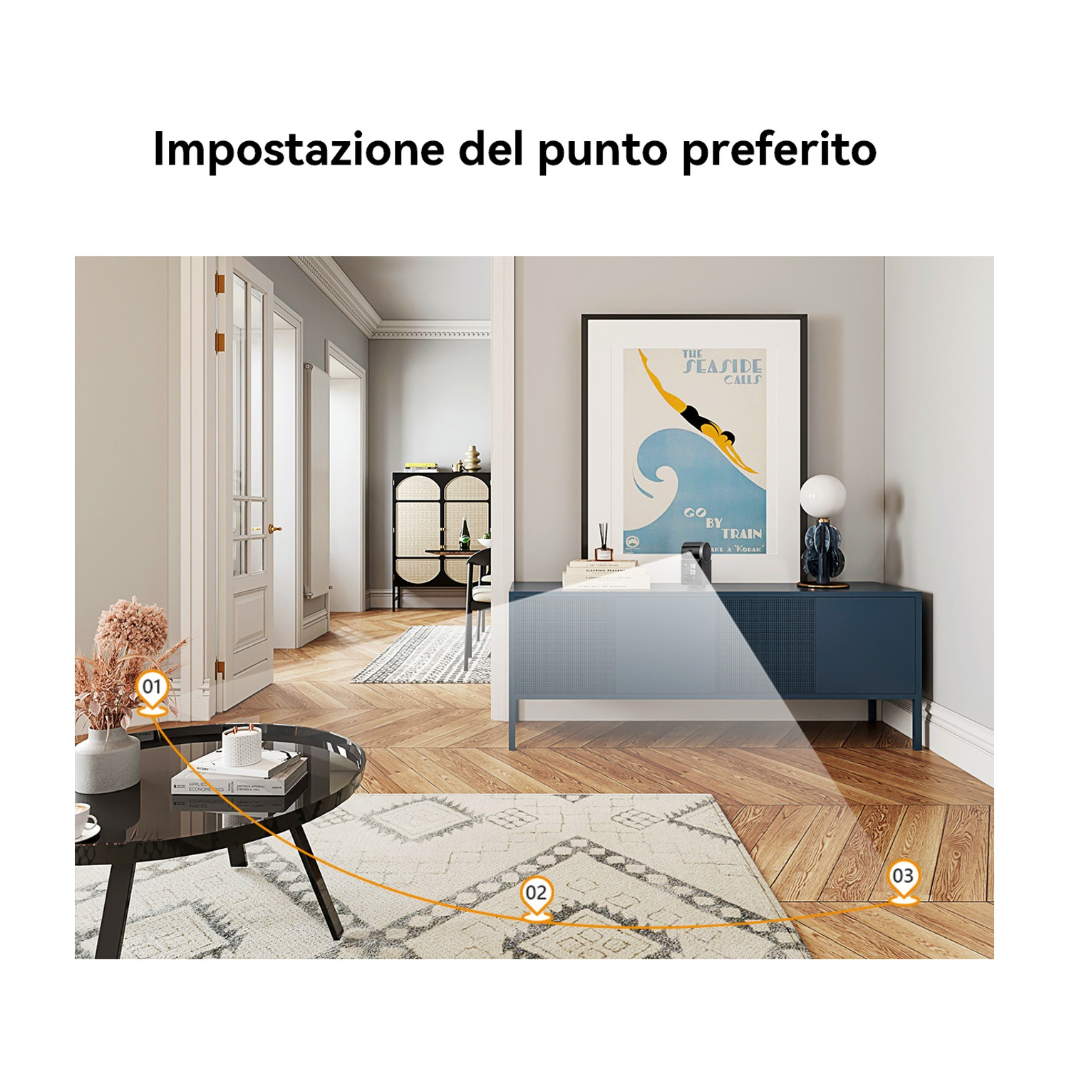 Scena di soggiorno con tavolo nero, tappeto e mobile blu. Un poster sul muro e pavimento in legno. Testo in alto: impostazione preferita.