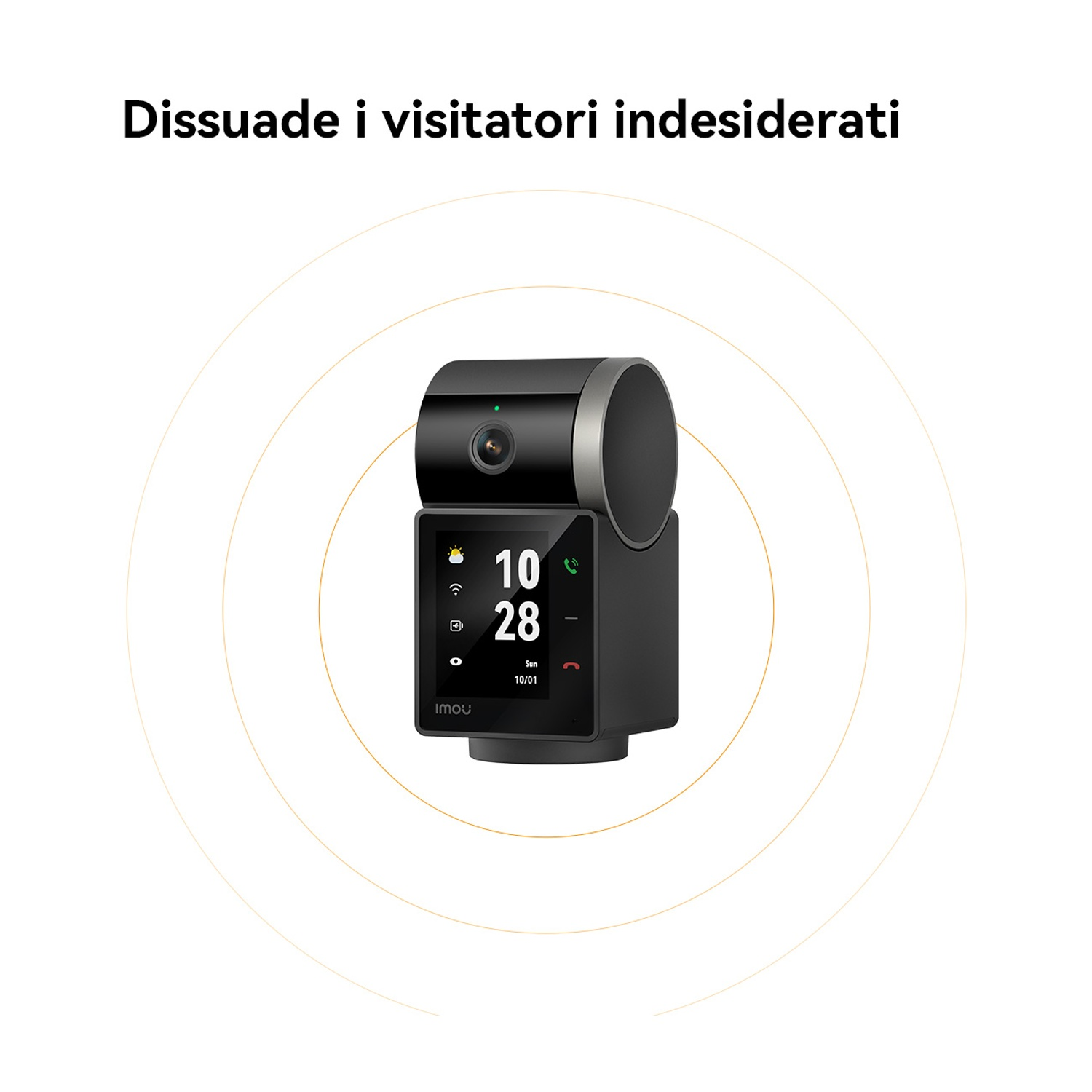 Telecamera di sicurezza IMOU nera con schermo che mostra ora e data, circondata da cerchi concentrici.