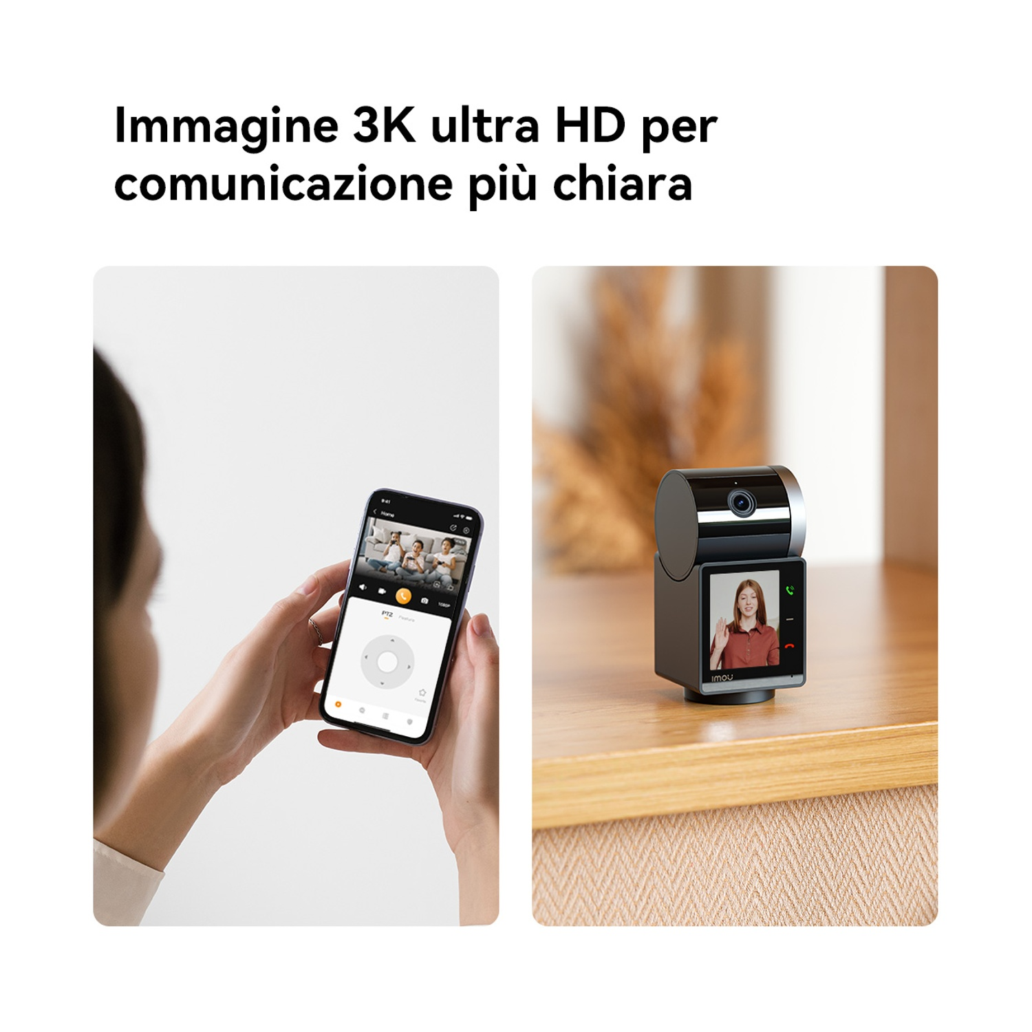 Una persona tiene in mano un telefono che mostra una videochiamata. Una fotocamera mostra una donna in videochiamata. La fotocamera è su un tavolo di legno.
