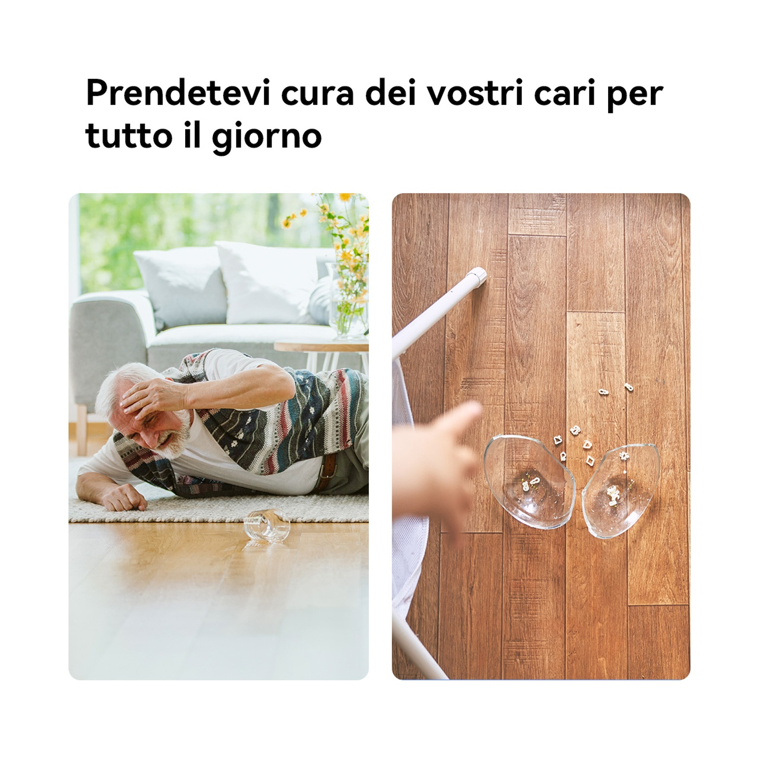 Immagine divisa. A sinistra: uomo anziano a terra, vetro rotto. A destra: mano di bambino vicino a vetro rotto su pavimento in legno.