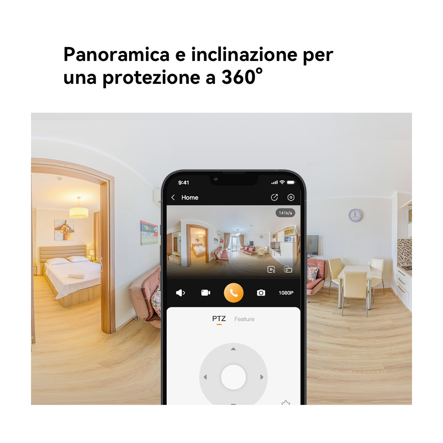 Un telefono mostra una vista a 360° di una stanza. Il telefono mostra un pannello di controllo. Sullo sfondo, una camera da letto e una sala da pranzo.