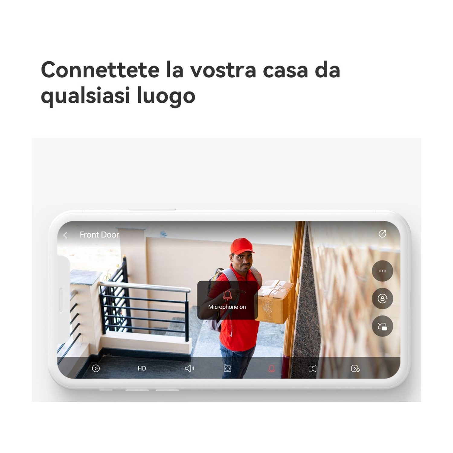 Uno schermo del telefono mostra un fattorino alla porta. Indossa una camicia e un berretto rossi, tenendo un pacco.