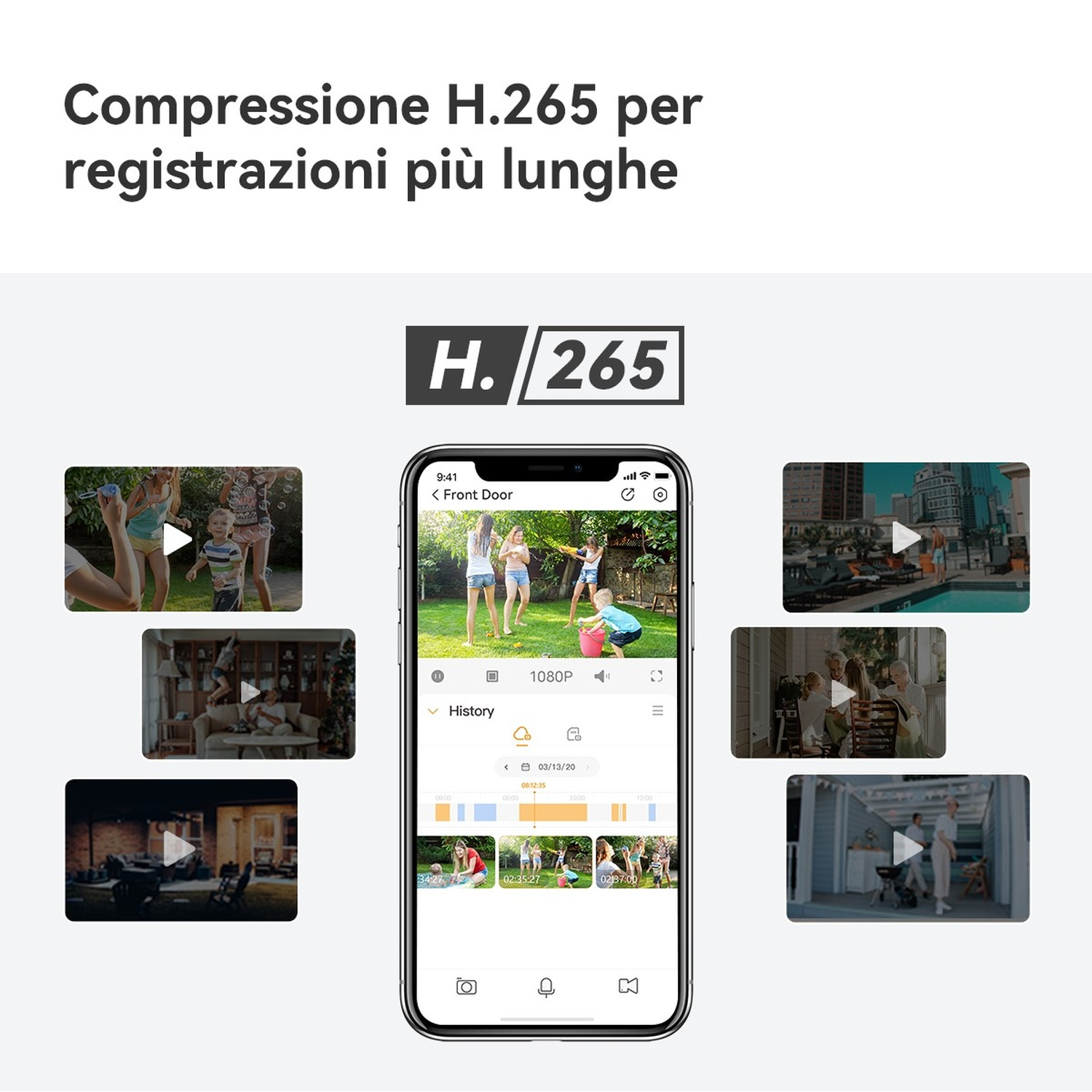 L'immagine mostra lo schermo di uno smartphone con miniature video. Il testo in alto recita 'Compressione H.265 per registrazioni più lunghe'.