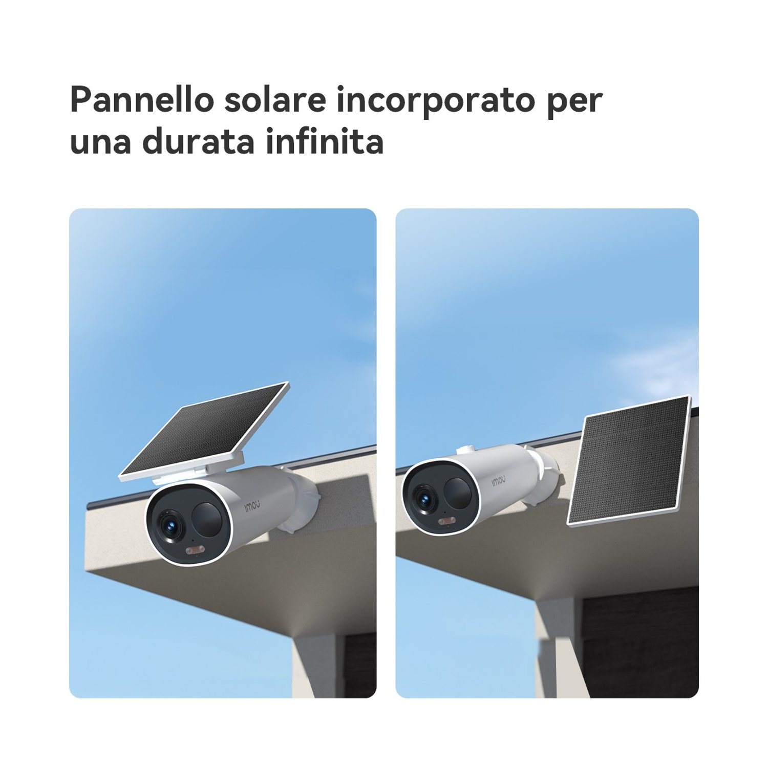 Due telecamere di sicurezza bianche con pannelli solari montate su una struttura contro un cielo blu. Testo: 'Durata infinita'.