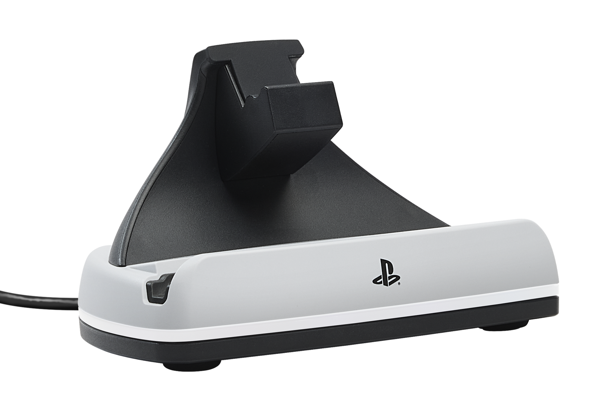 Eine weiß-schwarze Playstation-Ladestation. Die Basis ist schwarz, die Oberseite ist schwarz und die Vorderseite ist weiß mit dem Playstation-Logo.