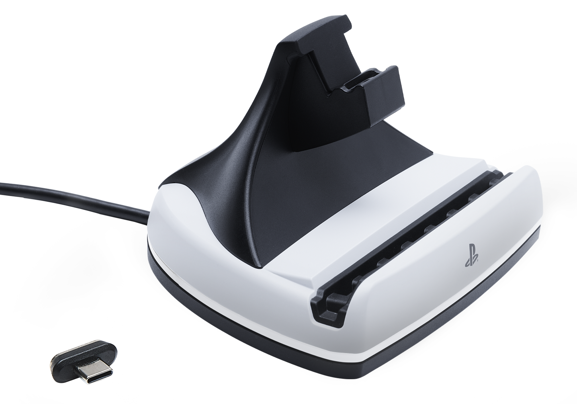 Ein weißes und schwarzes Playstation-Controller-Ladegerät mit USB-C-Anschluss. Das Ladegerät hat das Playstation-Logo.