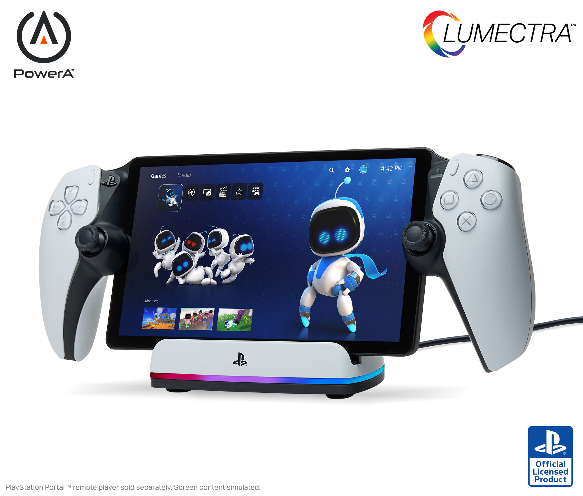 Ein PlayStation Portal mit angeschlossenen Controllern, das eine Spieloberfläche mit einem Robotercharakter zeigt.