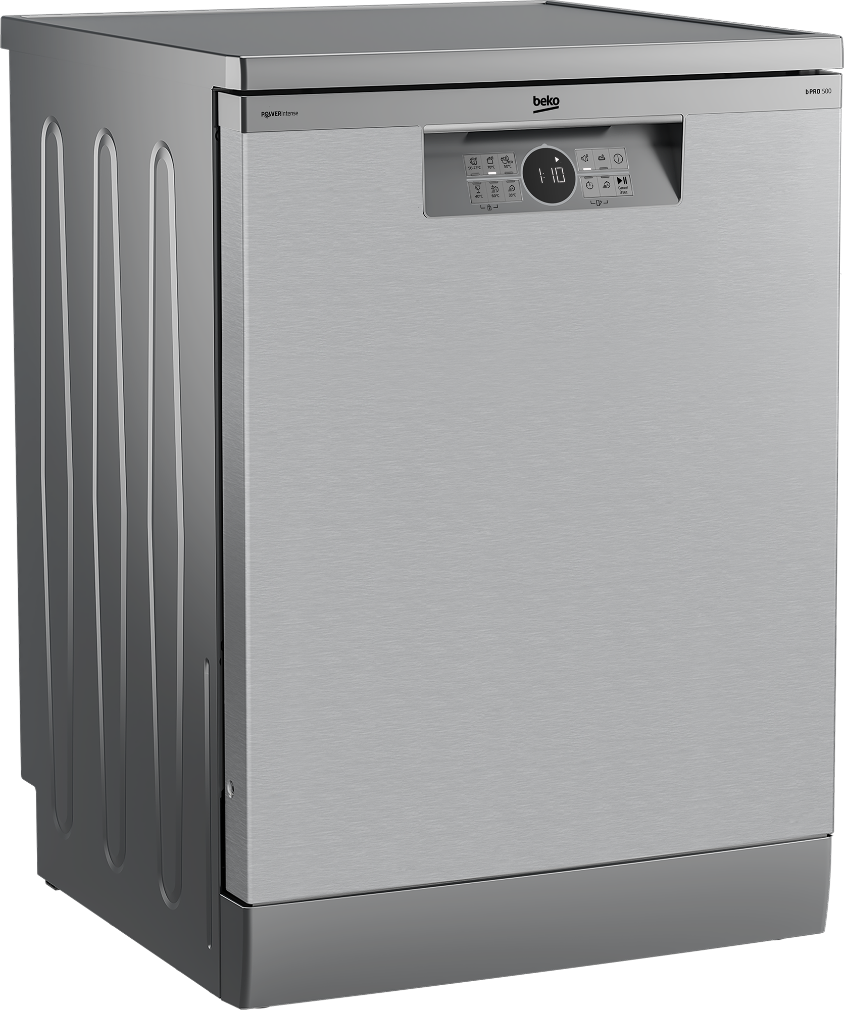 Egy ezüst Beko mosogatógép. Van egy vezérlőpanel gombokkal és egy '1:10'-et mutató kijelző.