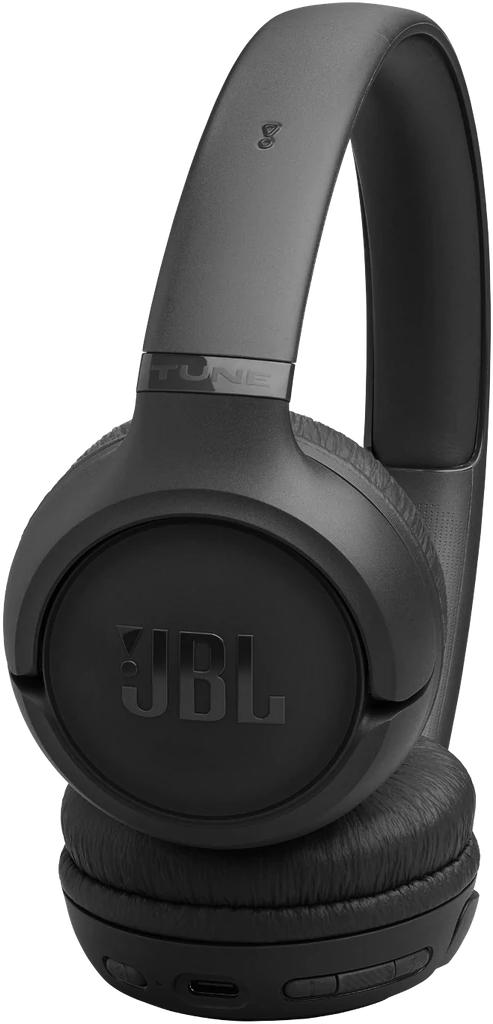 Fekete JBL Tune 510BT fejhallgató. A fejhallgató fekete háttér előtt van. A JBL logó látható.