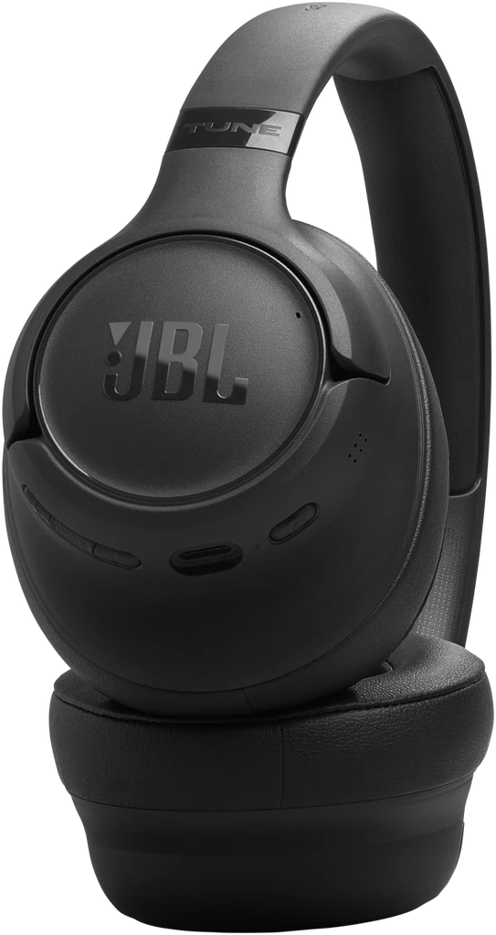 Fekete JBL Tune 760NC fejhallgató. A fejhallgató over-ear kialakítású, párnázott fejpánttal és fülkagylókkal. A JBL logó látható.