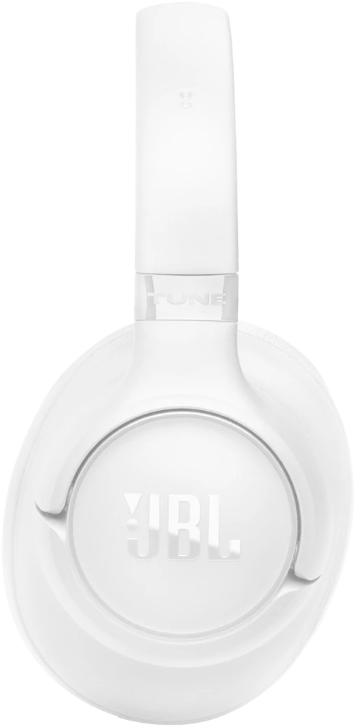 Fehér JBL Tune fejhallgató. A design tartalmazza a JBL logót. A háttér fekete.