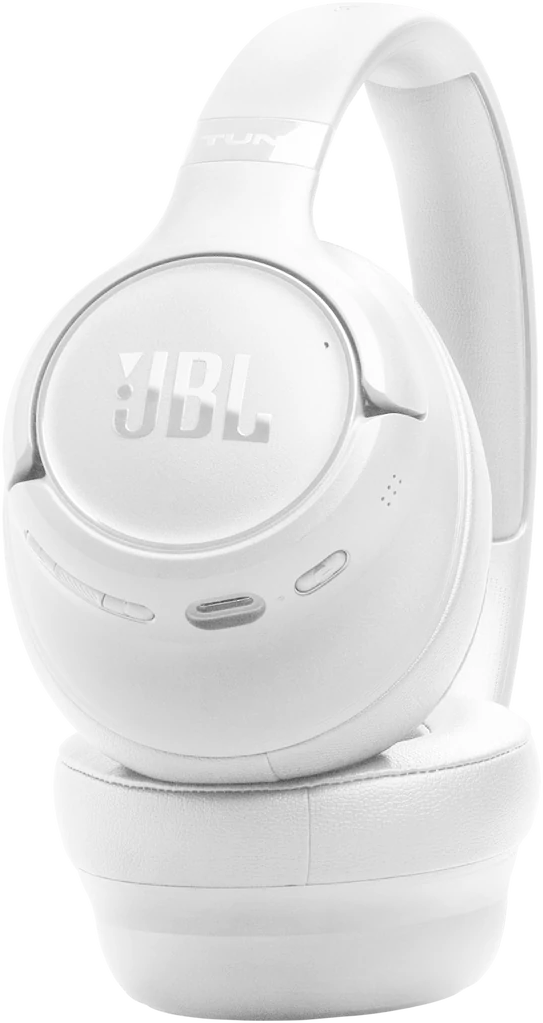 Fehér JBL Tune 760NC fejhallgató. A fejhallgató fehér felületen van. A JBL logó látható.