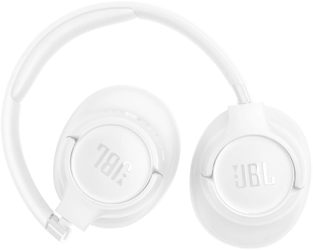 Fehér JBL fejhallgató, összehajtva. Mindkét fülhallgatón a JBL logó látható. A fejpánt ívelt. A háttér fekete.
