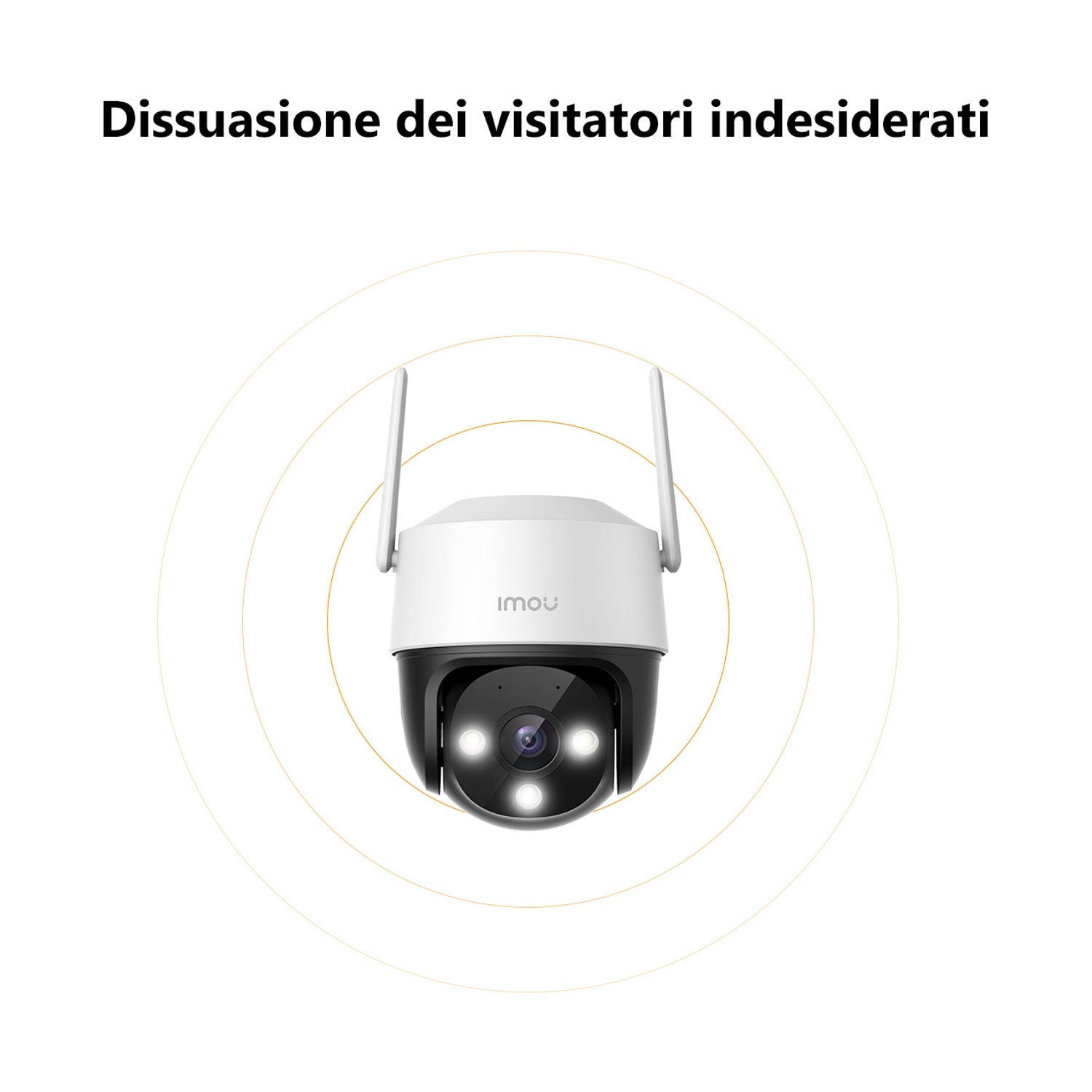 Una telecamera di sicurezza con due antenne. È bianca e nera, con il marchio IMOU. Il titolo recita: 'Dissuasione dei visitatori indesiderati'.