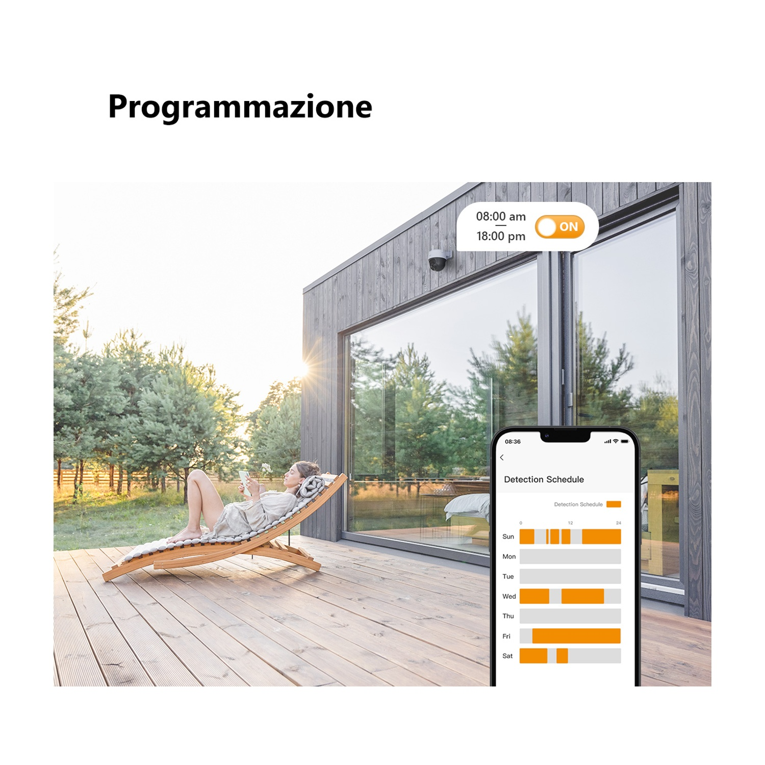 Donna che si rilassa su una sedia a sdraio, usa un telefono. Lo schermo del telefono mostra un programma di rilevamento. Testo: Programmazione, 08:00, 18:00, ON.
