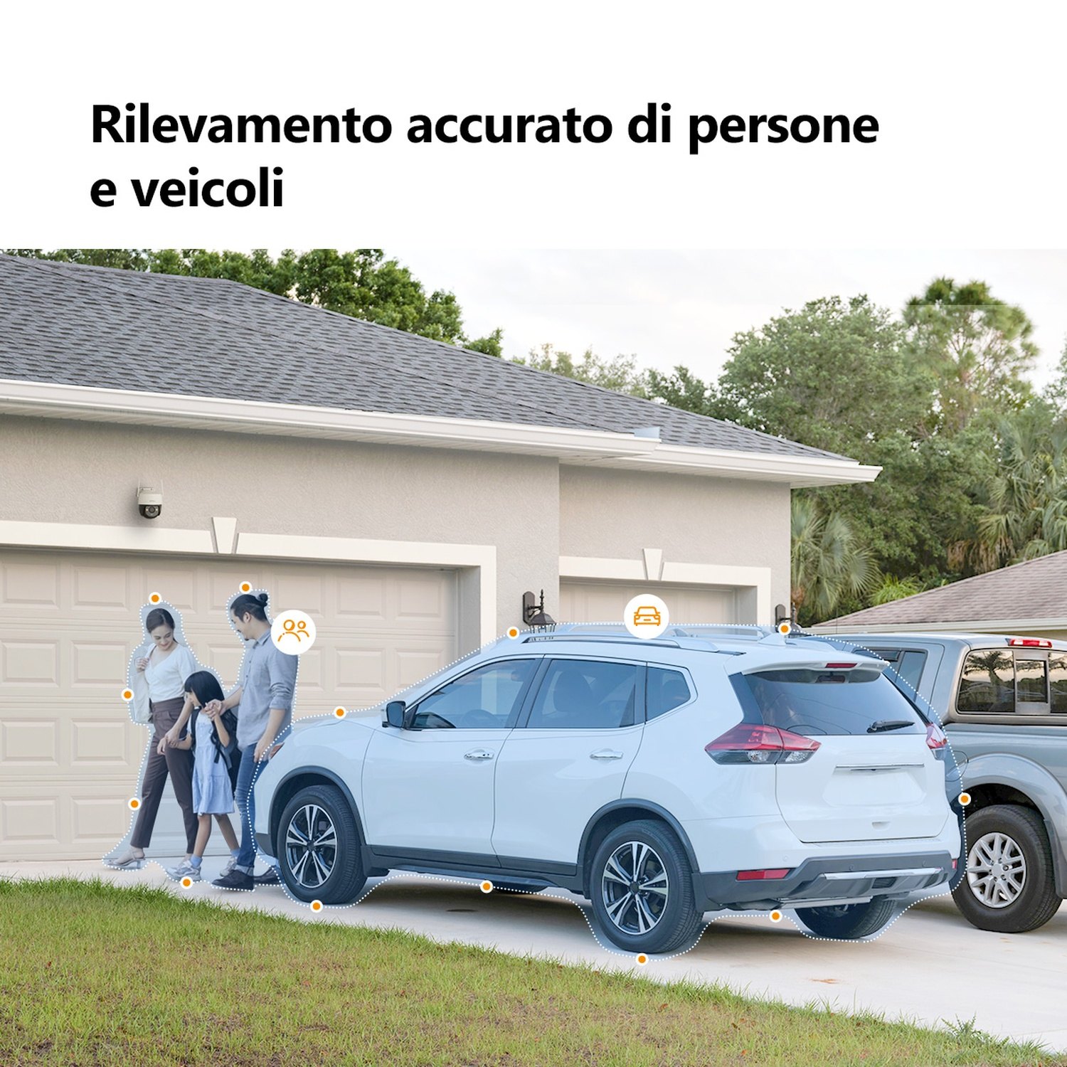 Una famiglia cammina verso un garage. Un SUV bianco e un pick-up grigio sono parcheggiati in un vialetto. Il testo recita: Rilevamento accurato di persone e veicoli.