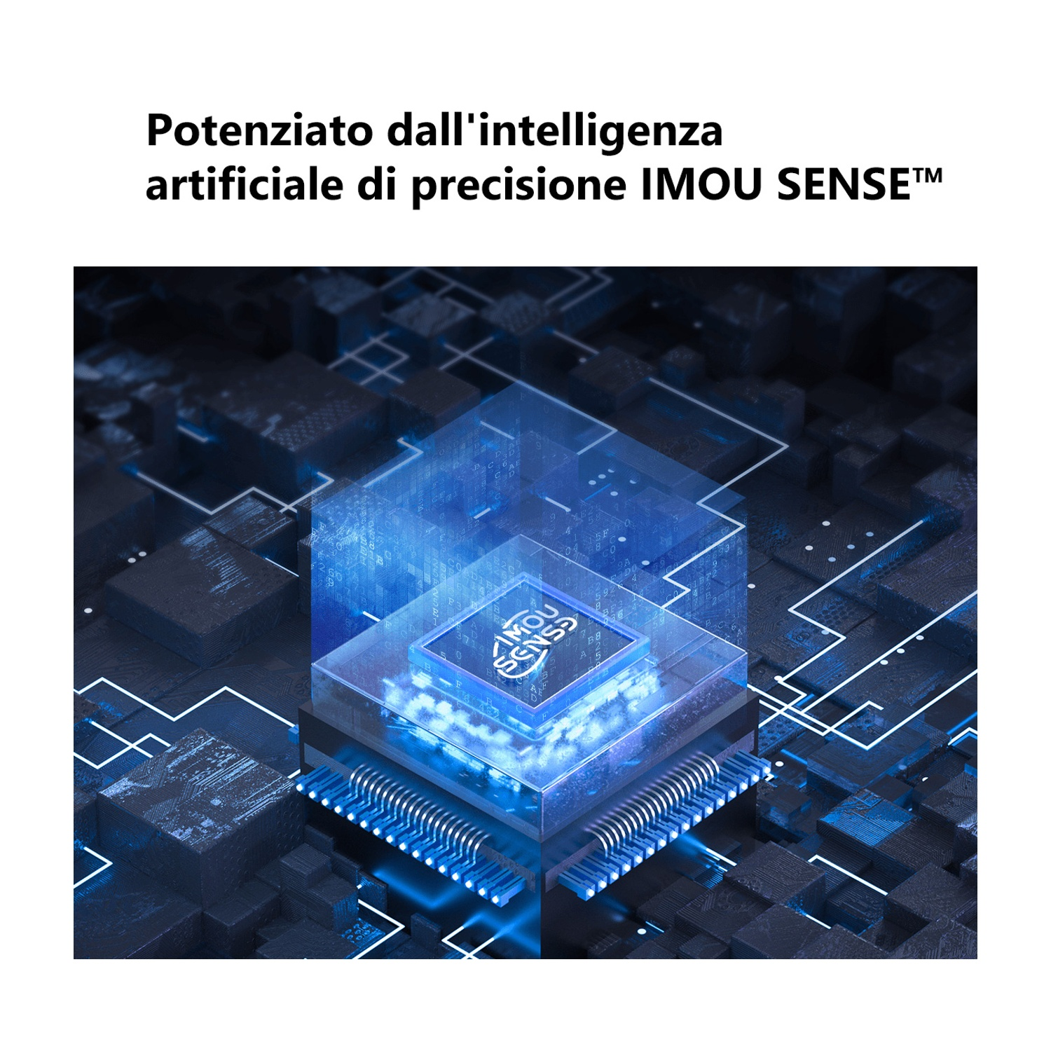 Un'immagine futuristica con un circuito blu brillante e un cubo trasparente con il logo IMOU SENSE.