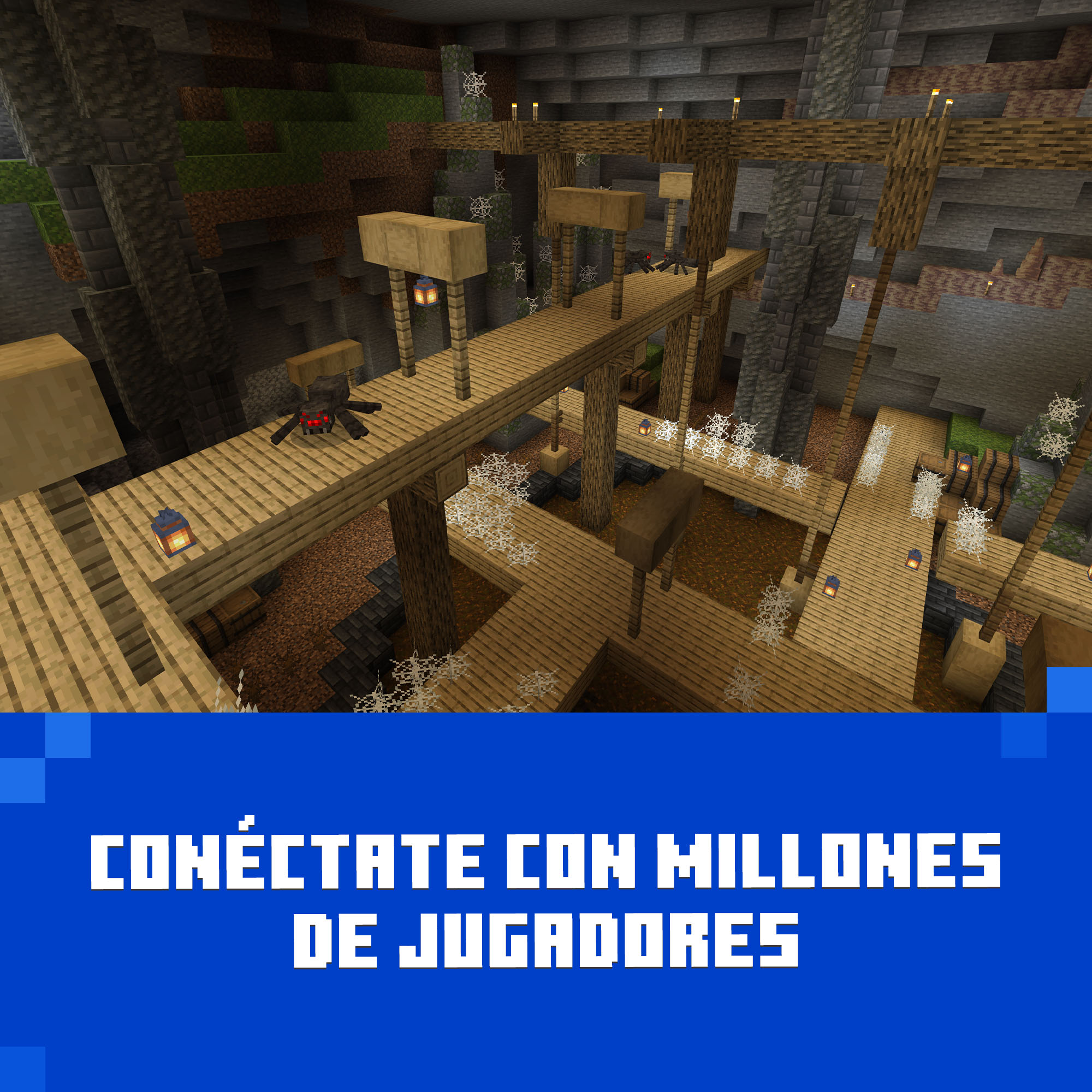 Escena de Minecraft con pasarelas de madera, arañas y linternas en una cueva. Texto abajo: 'Conéctate con millones de jugadores'.