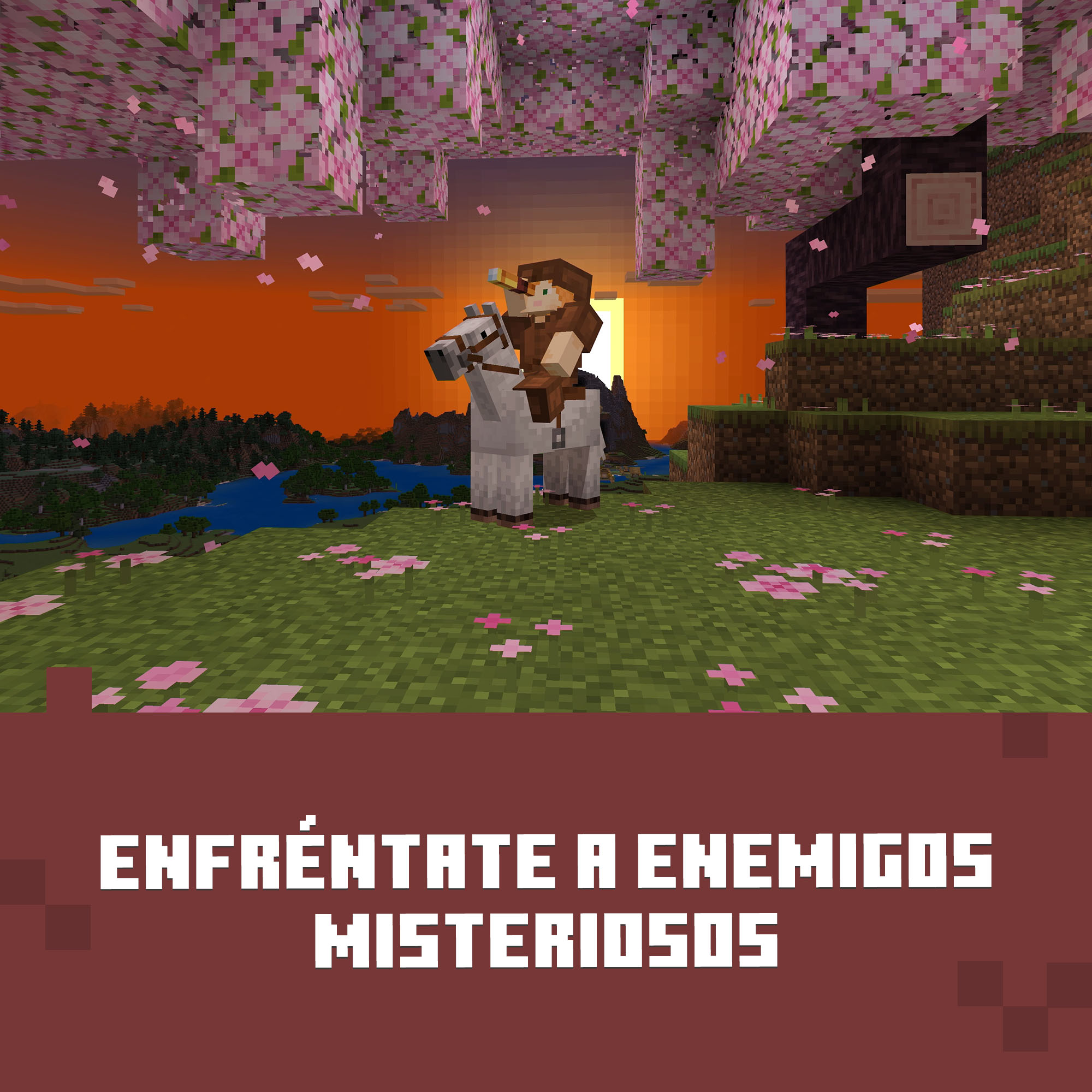 Escena de Minecraft con un jinete en un caballo blanco bajo árboles de flores rosas. Puesta de sol al fondo. Texto: ENFRÉNTATE A ENEMIGOS MISTERIOSOS.