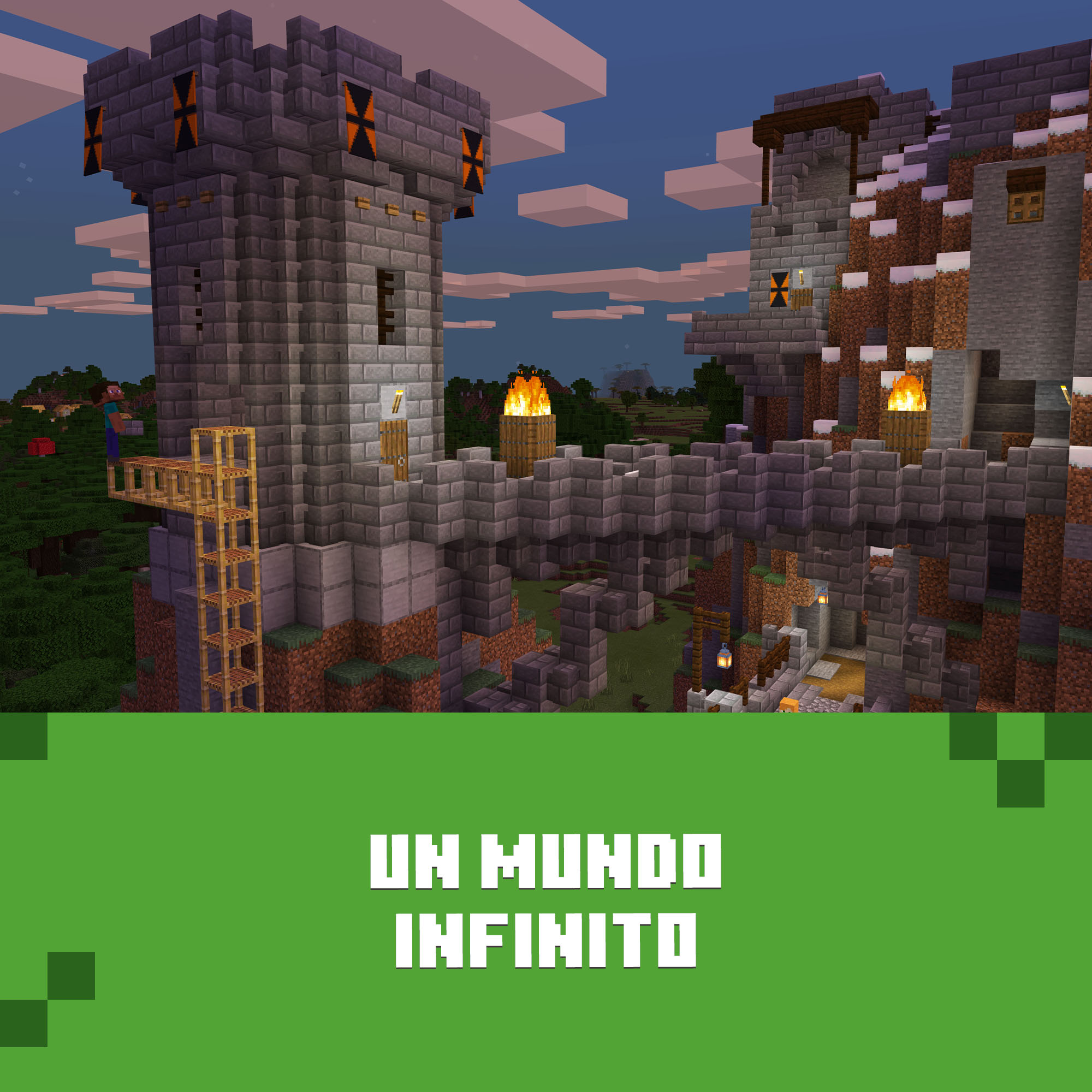 Castillo pixelado de piedra con puentes y antorchas encendidas al anochecer, sobre fondo verde con el texto “UN MUNDO INFINITO” en letras blancas.