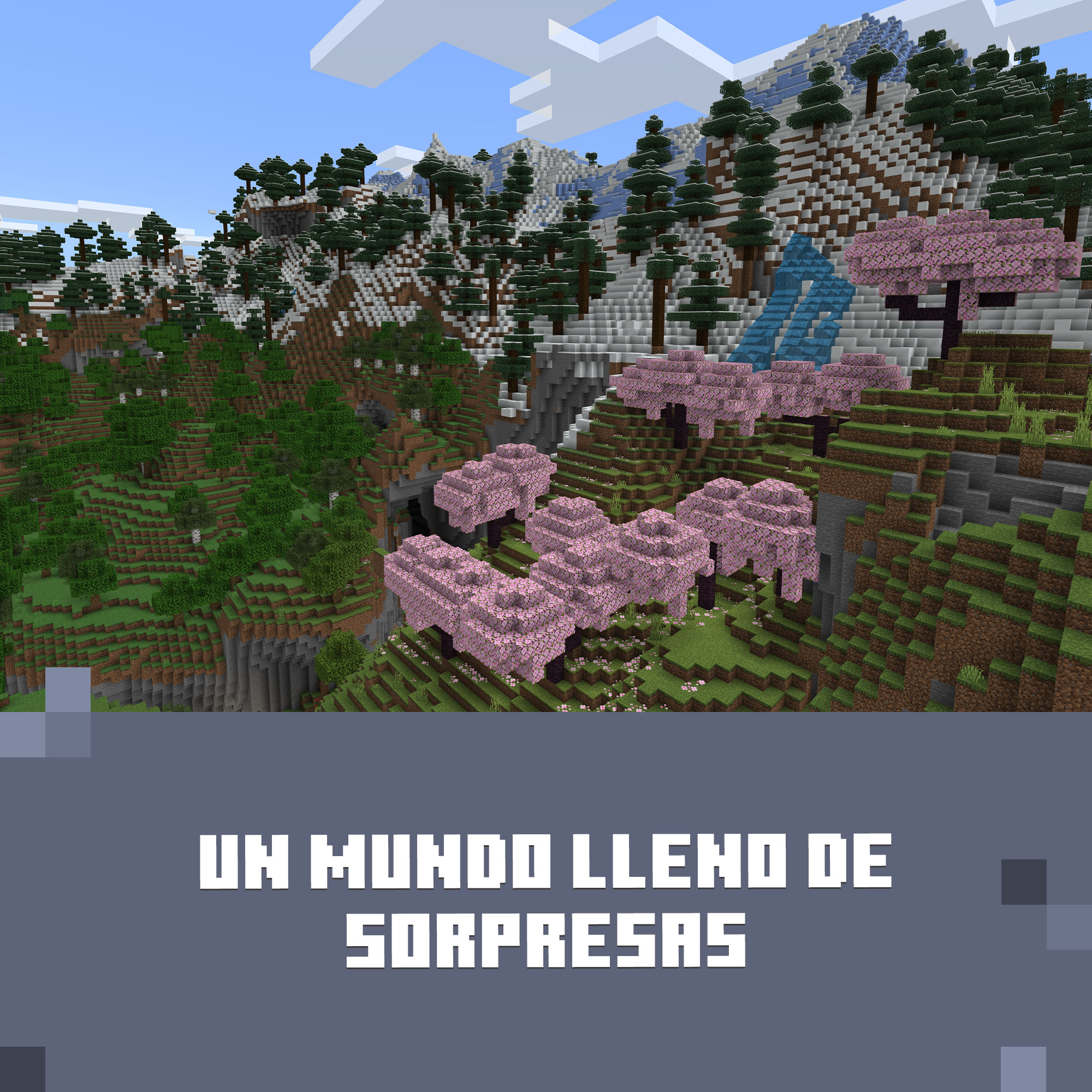 Paisaje de Minecraft con montañas, árboles y árboles de flores rosas. Cielo azul y texto 'UN MUNDO LLENO DE SORPRESAS'.