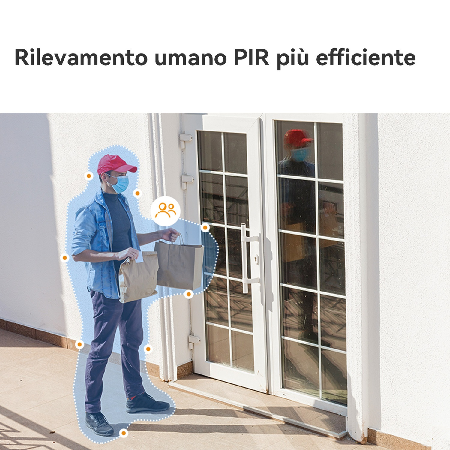 Un corriere con mascherina e berretto tiene delle borse. Una seconda persona si riflette nella porta a vetri. Testo: Rilevamento umano PIR più efficiente.