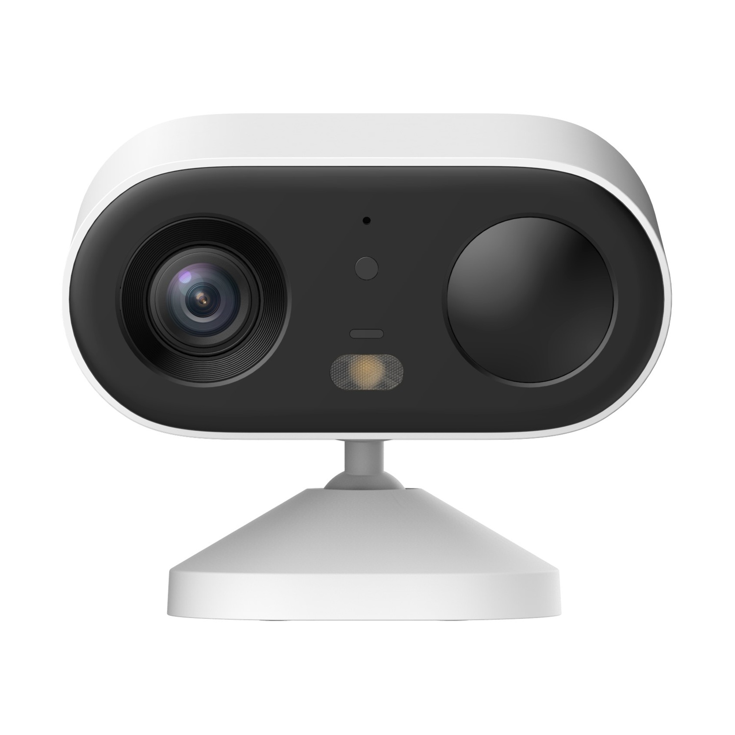 Una telecamera di sicurezza bianca con pannello frontale nero. Ha una lente, un sensore e una luce. Poggia su una base bianca.