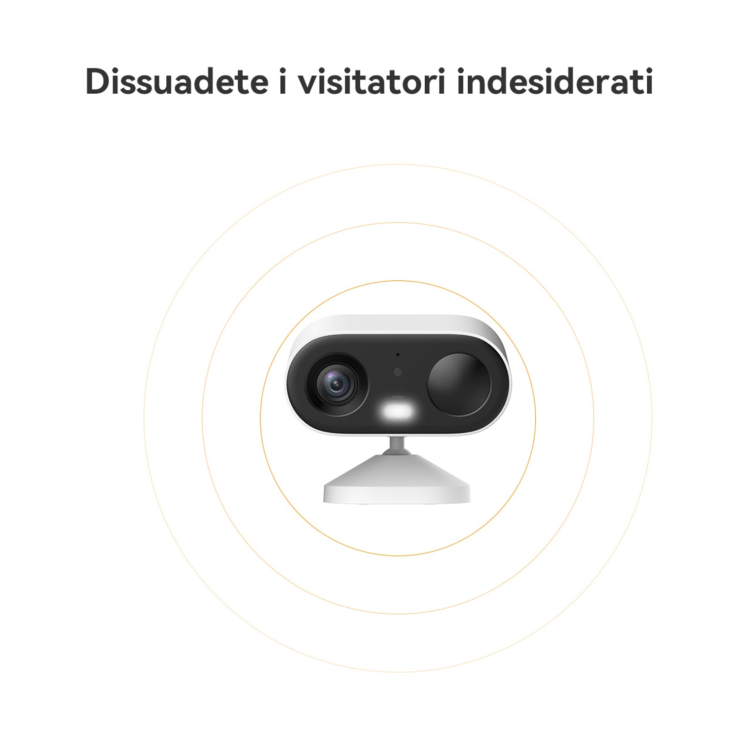 Una telecamera di sicurezza bianca con due lenti nere e una luce, circondata da cerchi arancioni concentrici, e testo sopra.