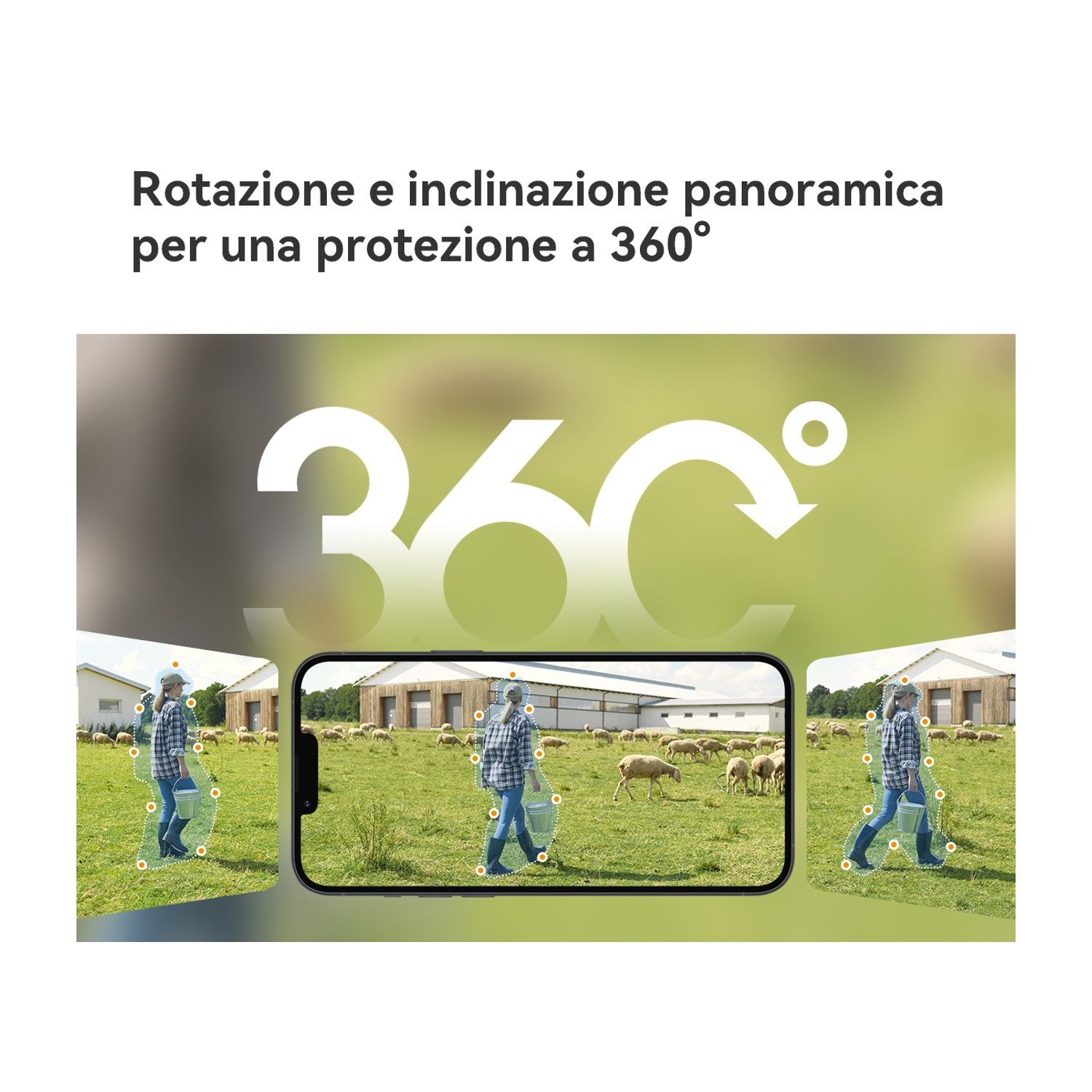 L'immagine mostra una vista a 360° con testo. Una persona con un secchio cammina in un campo con pecore.