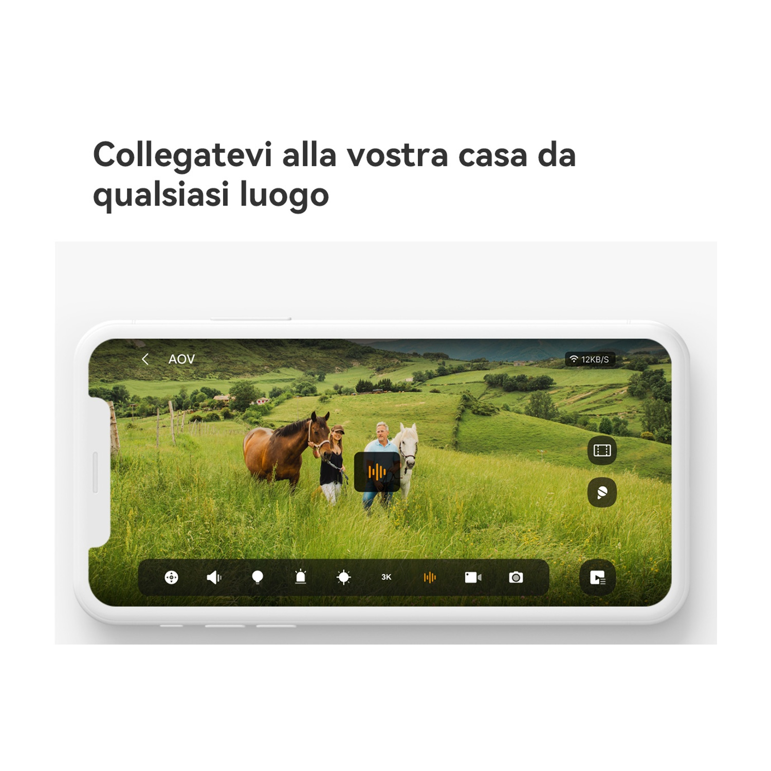 Un telefono mostra un feed video in diretta. Persone con due cavalli in un campo verde. Lo sfondo mostra colline e cielo.