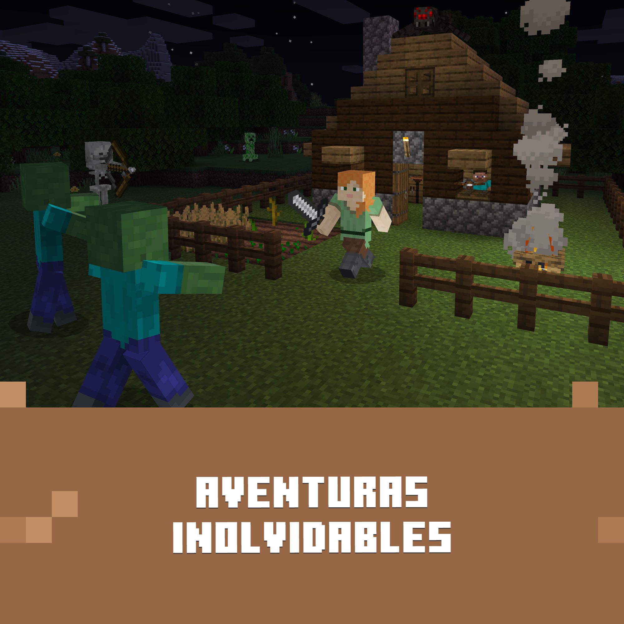 Escena de Minecraft: Zombis, Alex con espada, esqueleto con arco, casa, fogata, cielo nocturno con texto 'AVENTURAS INOLVIDABLES'.